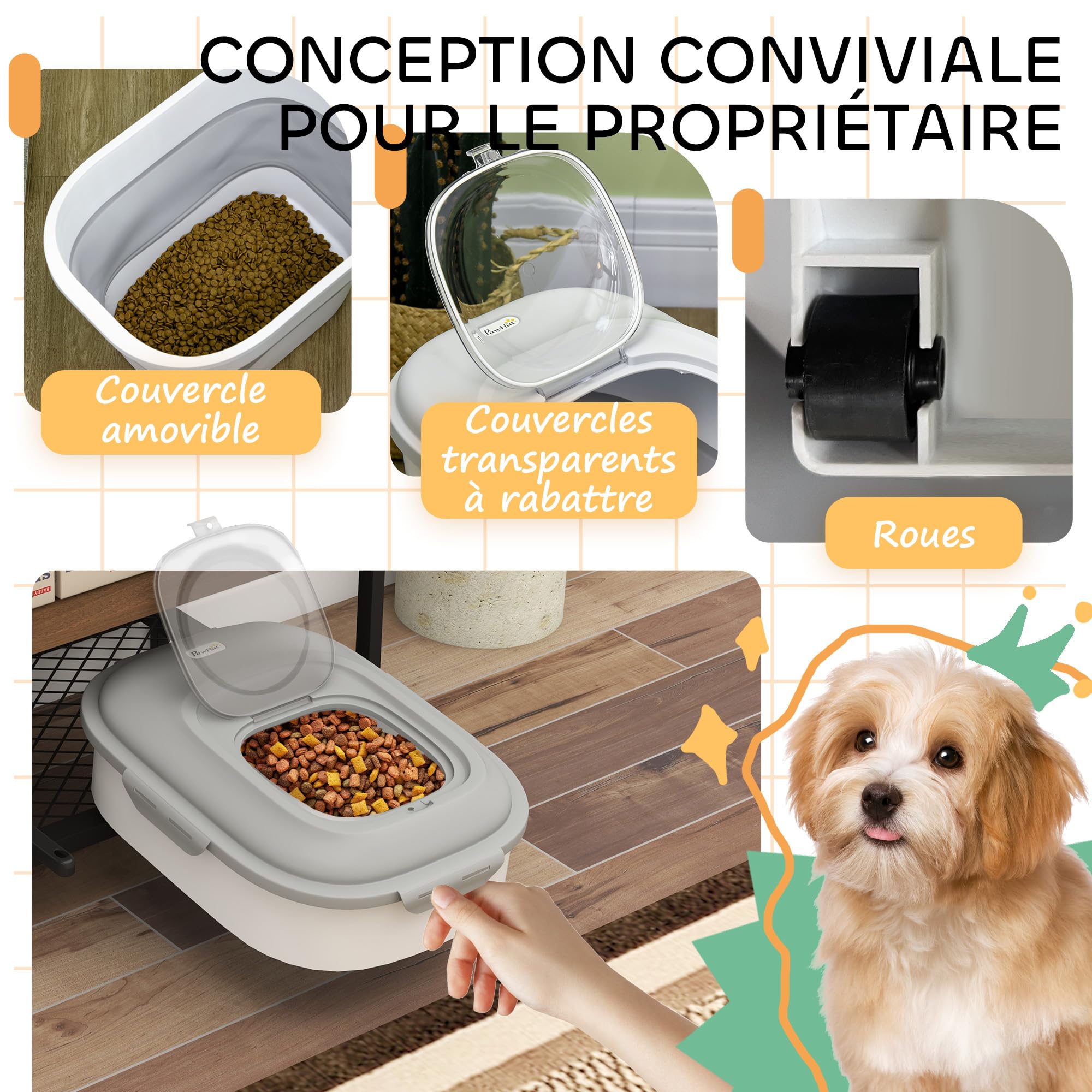 PawHut Conteneur à croquettes pour chien pliable 25L rangement hermétique pour nourriture avec couvercles hermétiques, roulettes, tasse, bol et cuillère, pour animaux de compagnie, gris