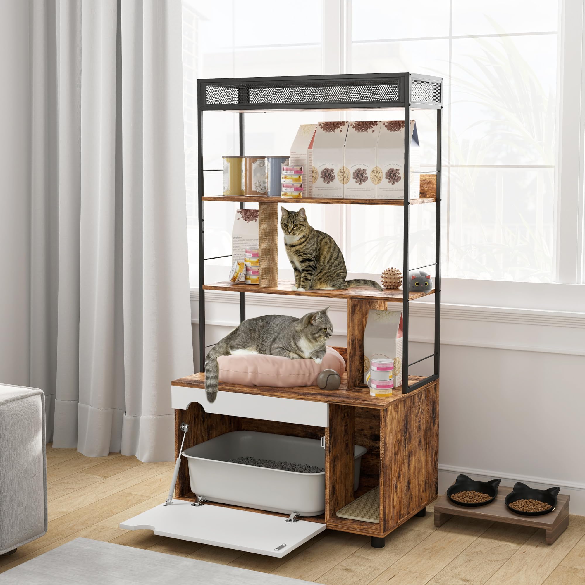 PawHut Katzenklo-Schrank, Katzenschrank, 2 in 1 Versteckter Katzentoilette mit 3-Ebenen-Regal, Kratzpfosten, Klapptür, Katzenhaus für Katze unter 6 kg, 80 x 48 x 152 cm, Rustikal-Braun