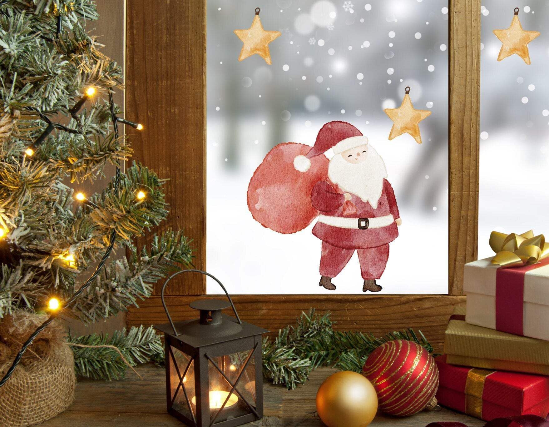 Quotemywall Red, White Santa & Stars Hand Drawn Christmas Window Stickers
