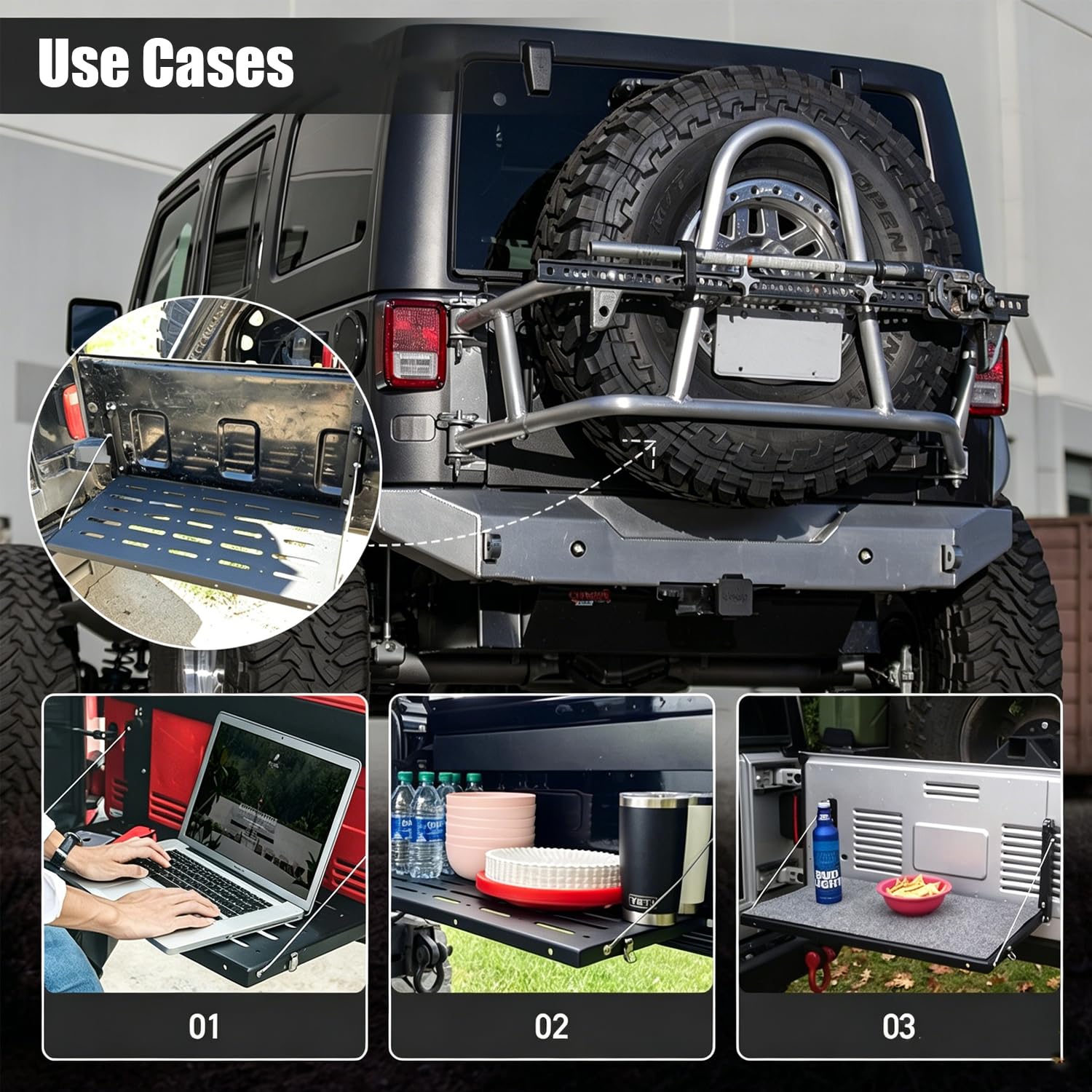 Składany stolik z tylnymi drzwiami, do Jeep 07-17 JK, składany stół do bagażnika, do JK/TJ, metalowy stół składany na tylne drzwi, 60 x 31 cm, składany stolik z klapą tylną, składany uchwyt do pojazdu