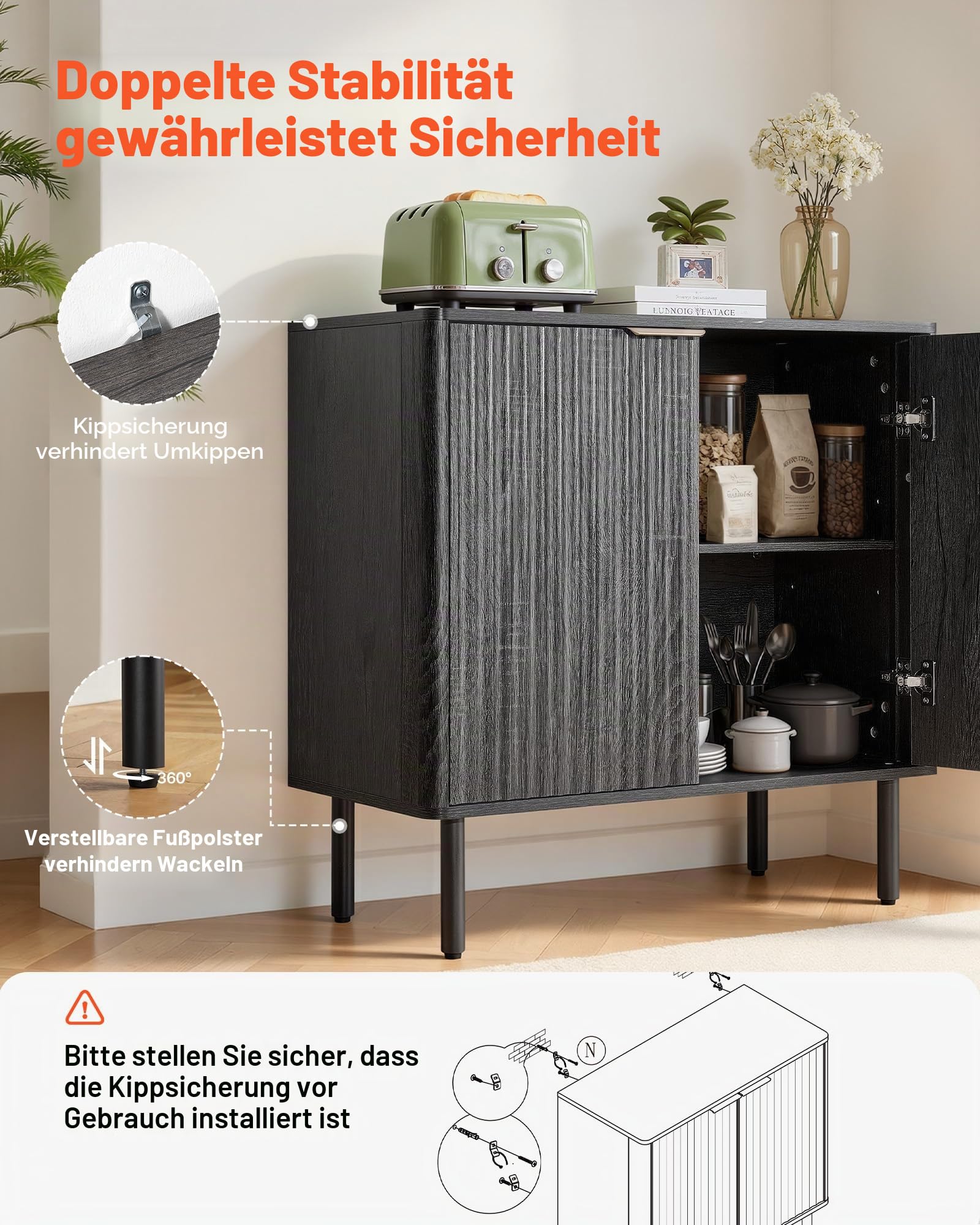 VEVOR Sideboard Küchenschrank mit 2 Ablageflächen, Buffetschrank im mittelalterlichen Stil für Wohnzimmer Eingangsbereich Küche, Aufbewahrungsschrank 80 x 37,5 x 80 cm Küchenbuffet Schwarz