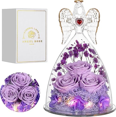 Regalos de rosas para el Día de la Madre para mujer, figuras de ángel grandes con rosas reales, rosa real preservada para ella, color morado claro
