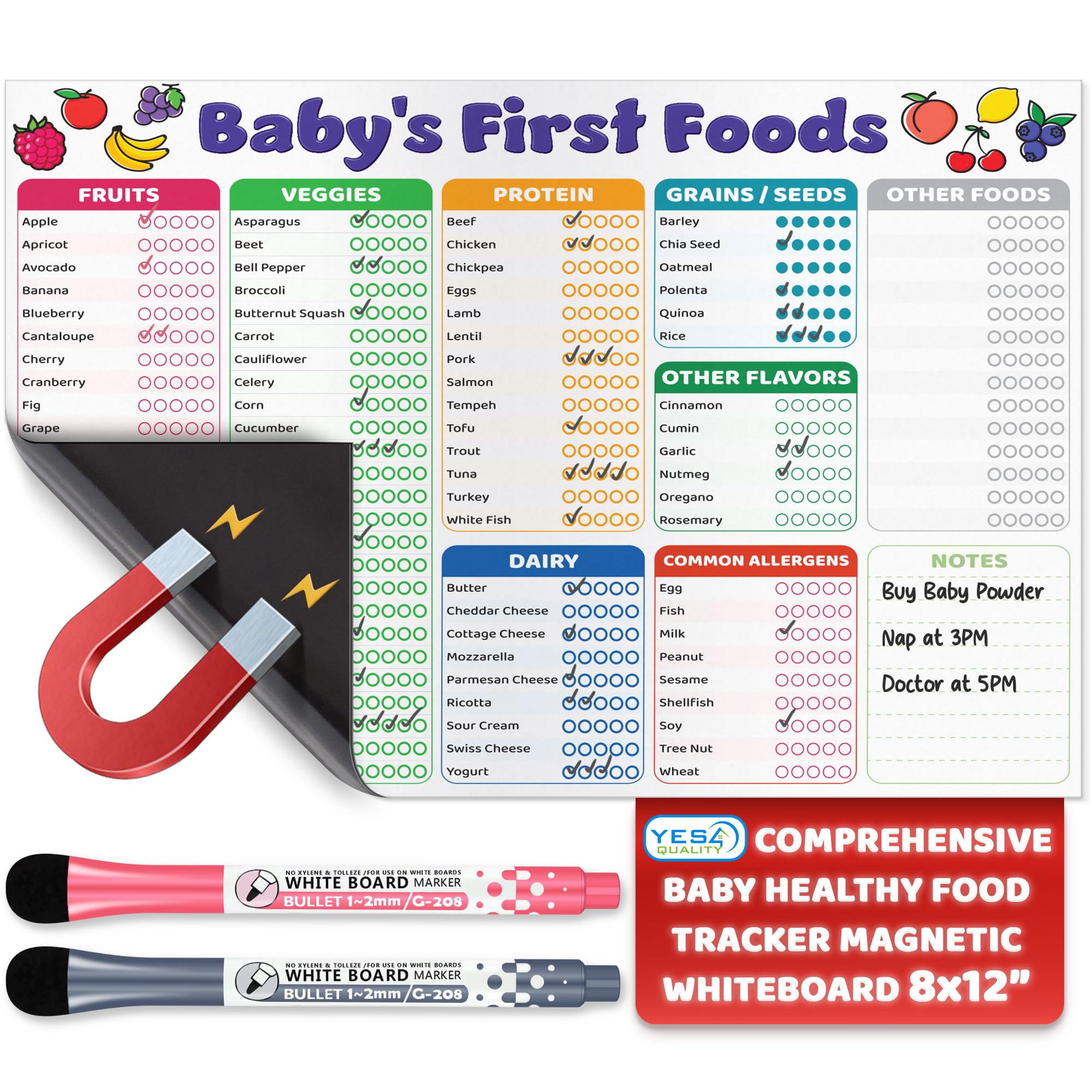 Baby Weaning Tracker - 30x20 cm - Magnetic Chart White Board Food Diary for Fridge - Solid Food Palate Trainer - Refrigerator Dry Erase Little Foodie Sheet with Markers - Allergy Log - by Yes4Quality