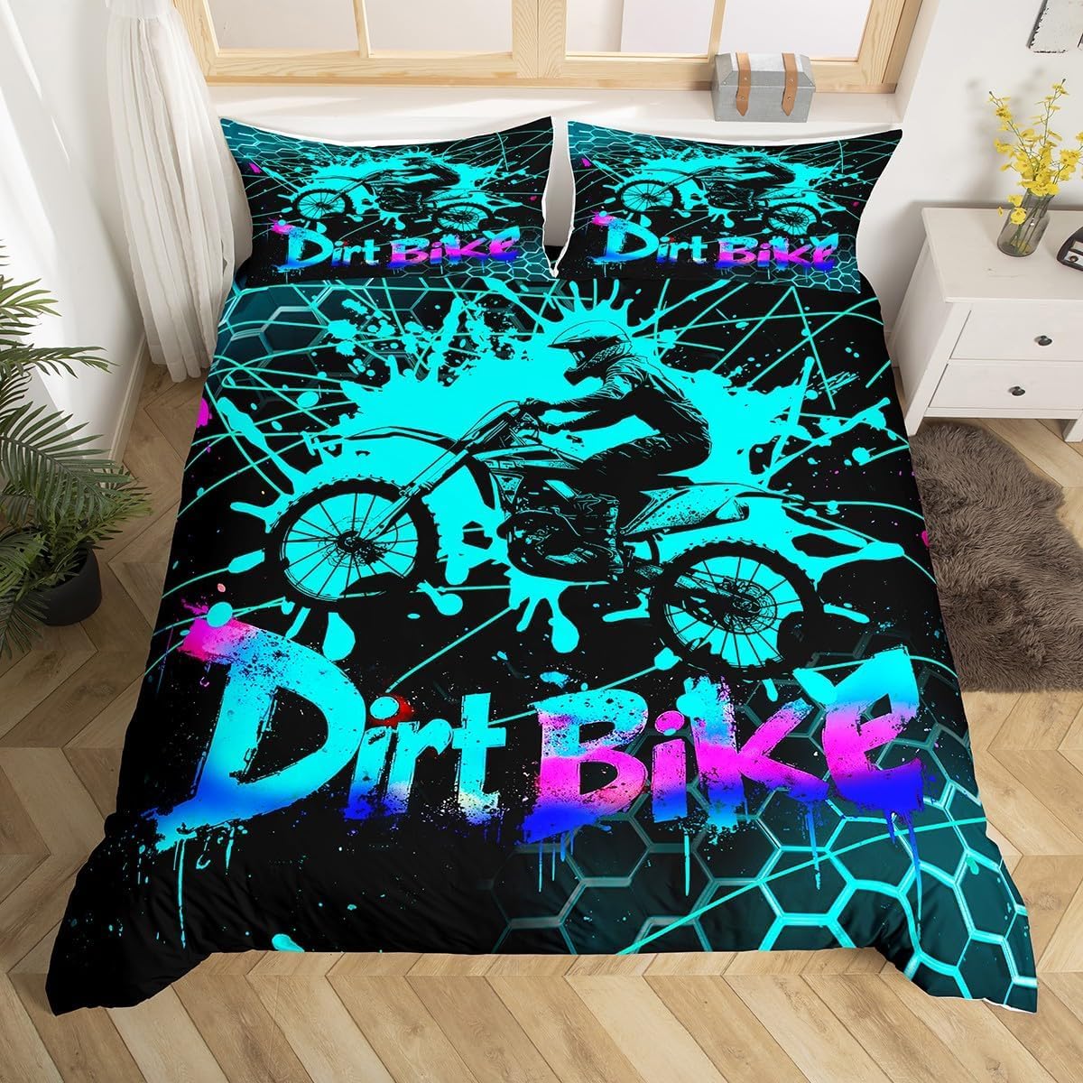 Loussiesd Dirt Bike Kids Bedding Set,Boys Girls Single Size,Extreme Sports Duvet Cover,Racing Motocross Rider Duvet Cover with 1 Pillowcase,Motorbike Motorcycle Bedroom Decor Honeycomb Bedding — image 1