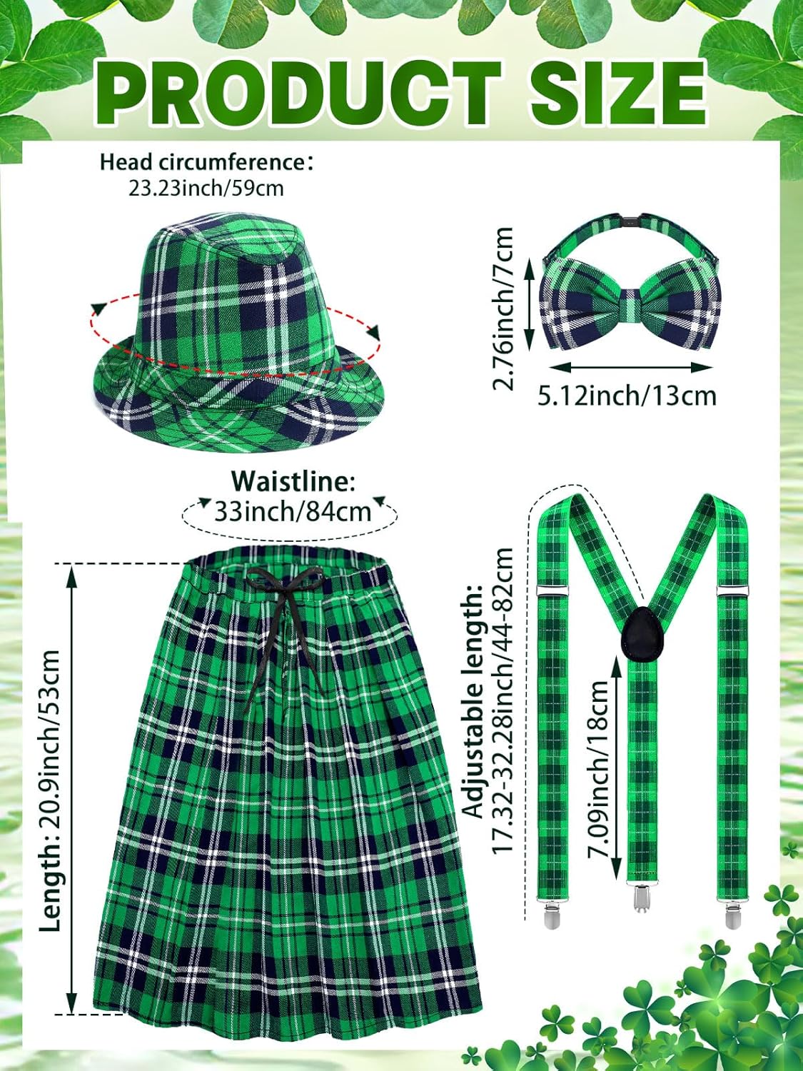 Jansun 4 Pieces St. Patrick's Day Costume Accessories Set Irish Plaid Green Kilt Scottish Tam Bow tie Suspender Set - Image 3