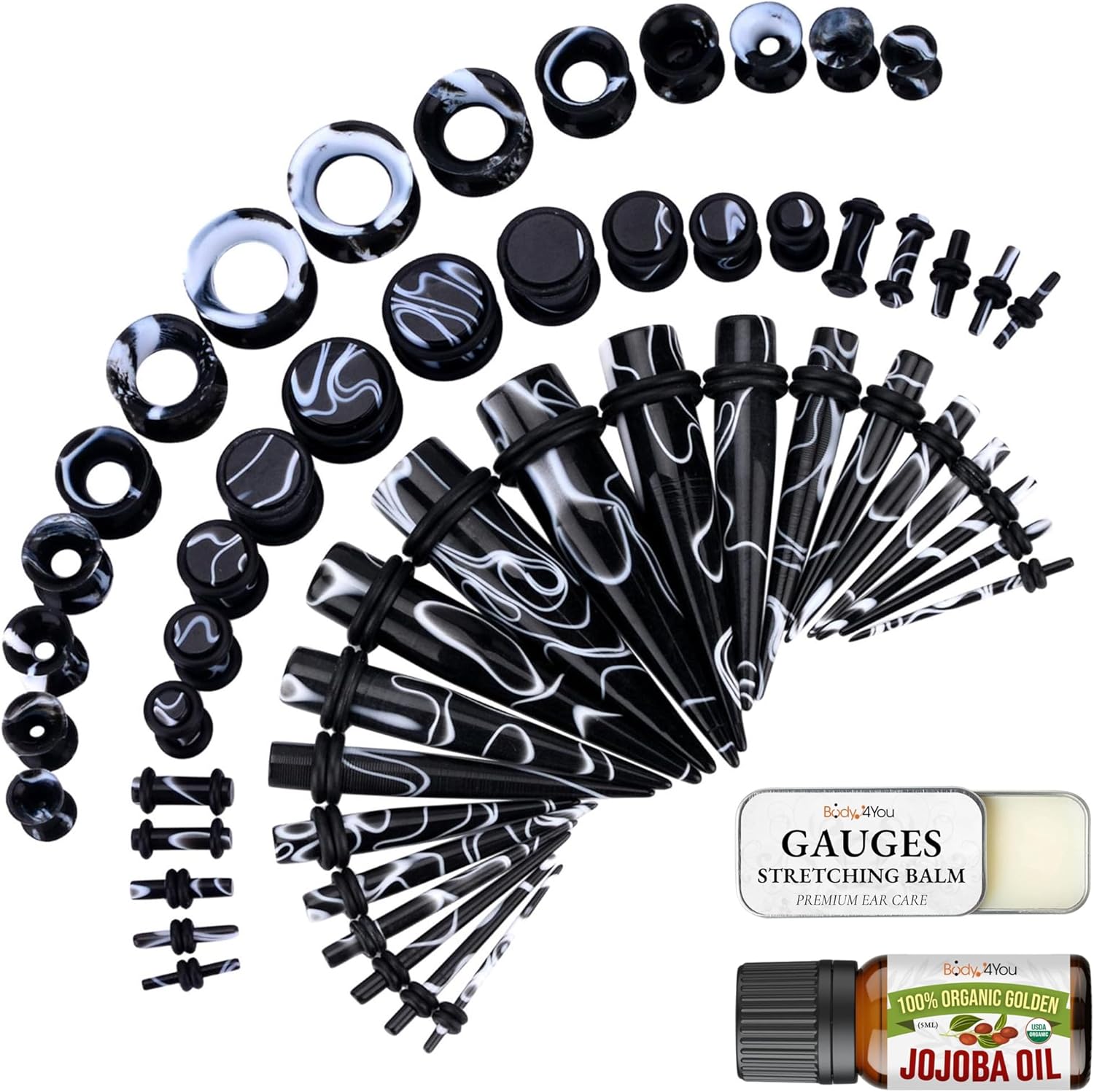 BodyJ4You 48PC Ear Stretching Kit 14G00G Aftercare Jojoba Oil Balm Wax Marble
