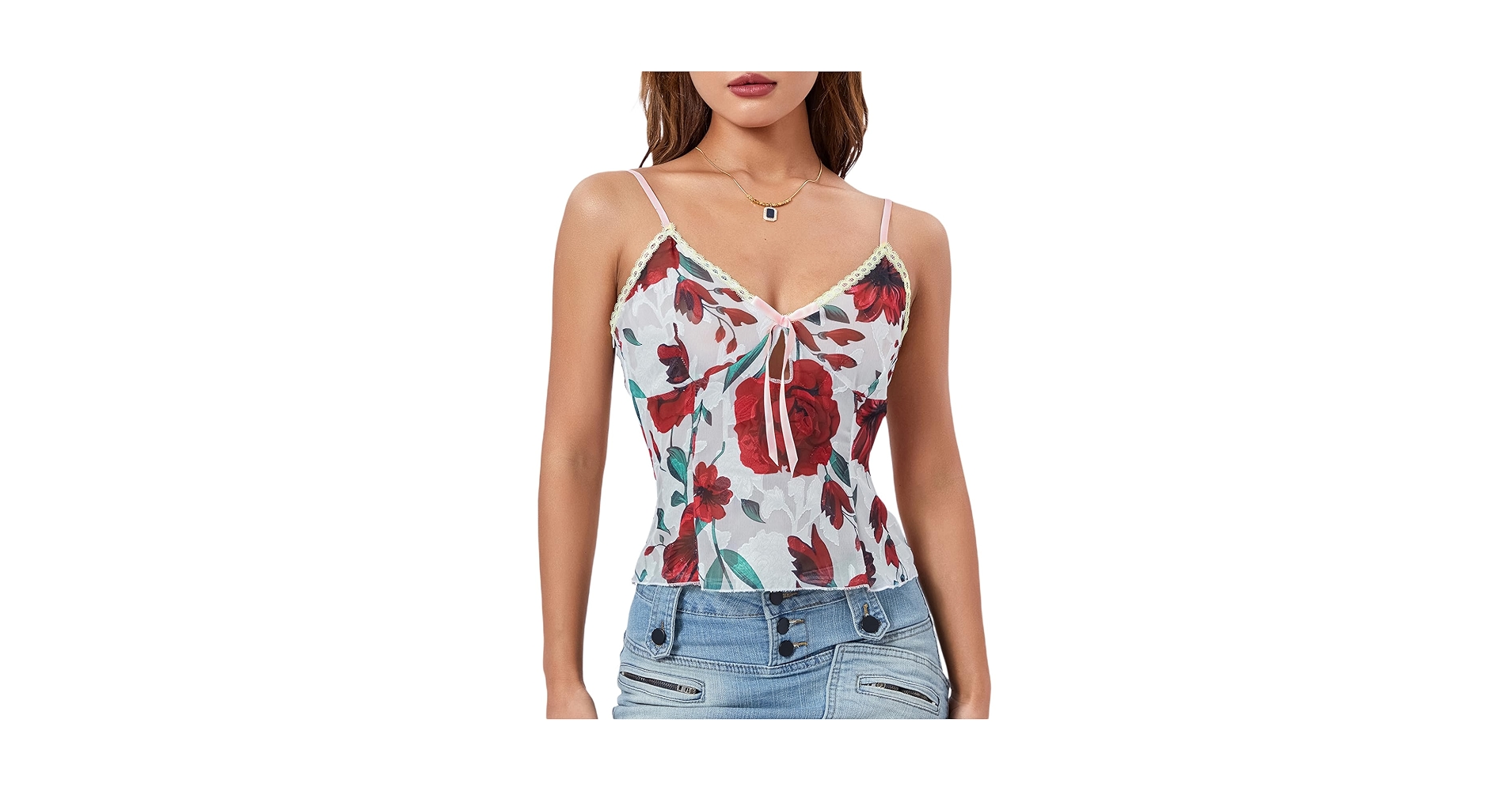 Women Floral Print Y2k Mini Tank Vest Top Lace Sheer Mesh