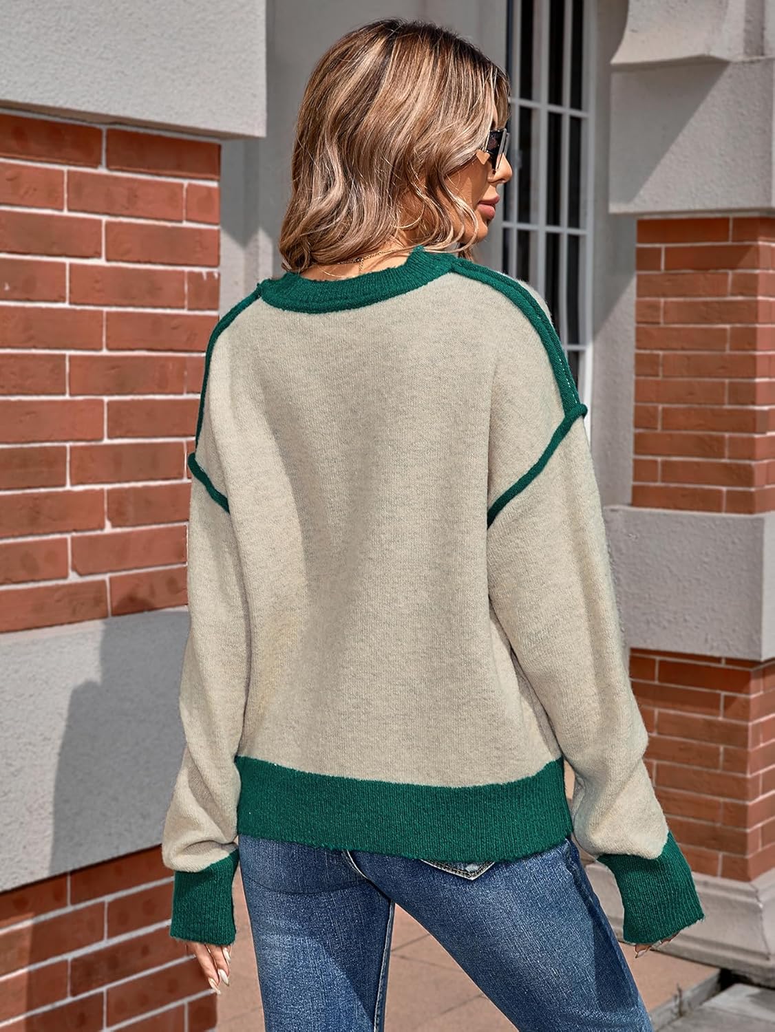 SunnyMelody Womens Oversized Cute Color Block Crew Neck Sweater 2025 Winter Long Sleeve Trendy Ribbed Knit Pullover Sweaters - Image 3