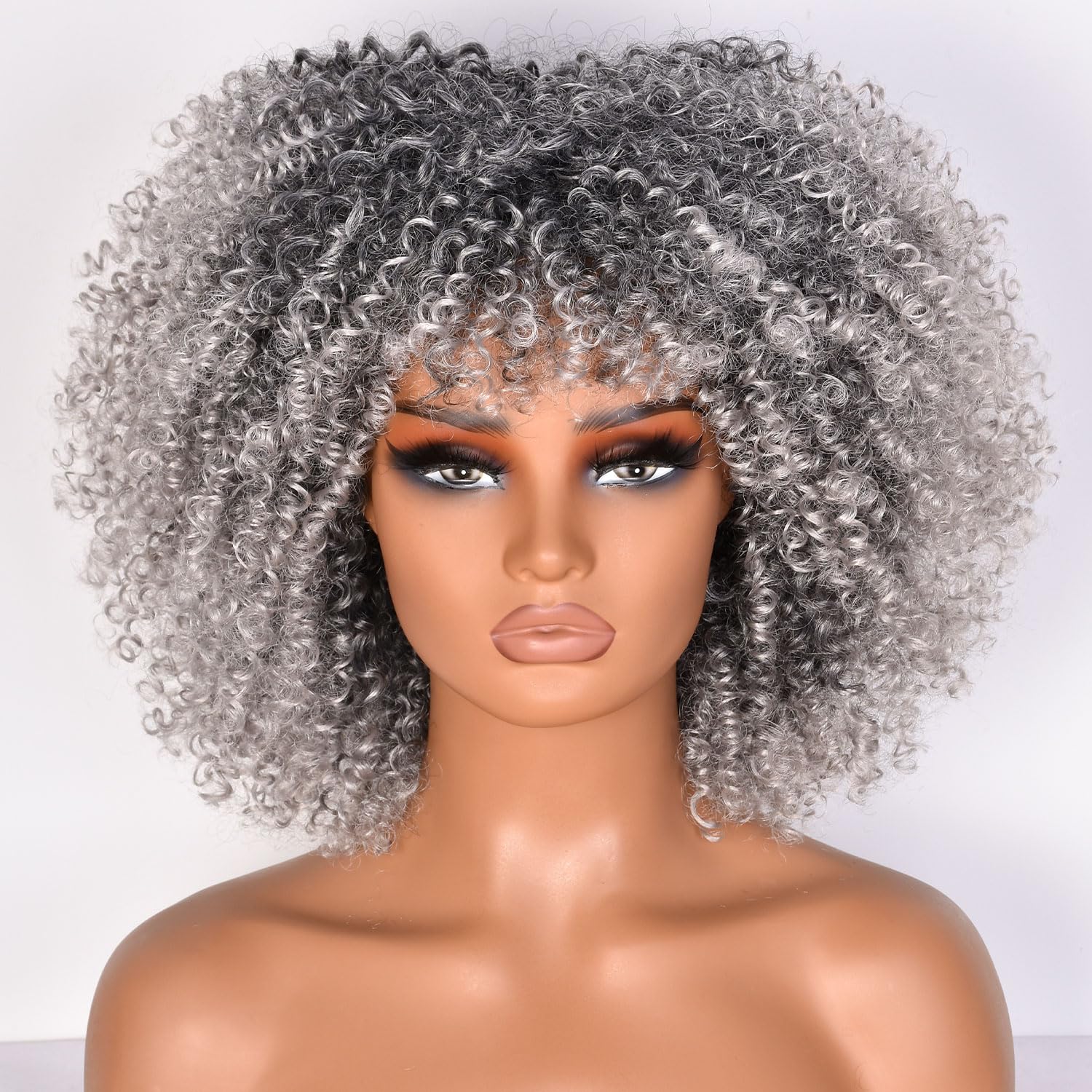 Lizzy 10 Inch Afro Curly Wigs for Black Women Synthetic Afro Wig with Bangs Heat Resistant Short Kinky Curly Wigs for Cosplay and Daily (Ombre Grey)