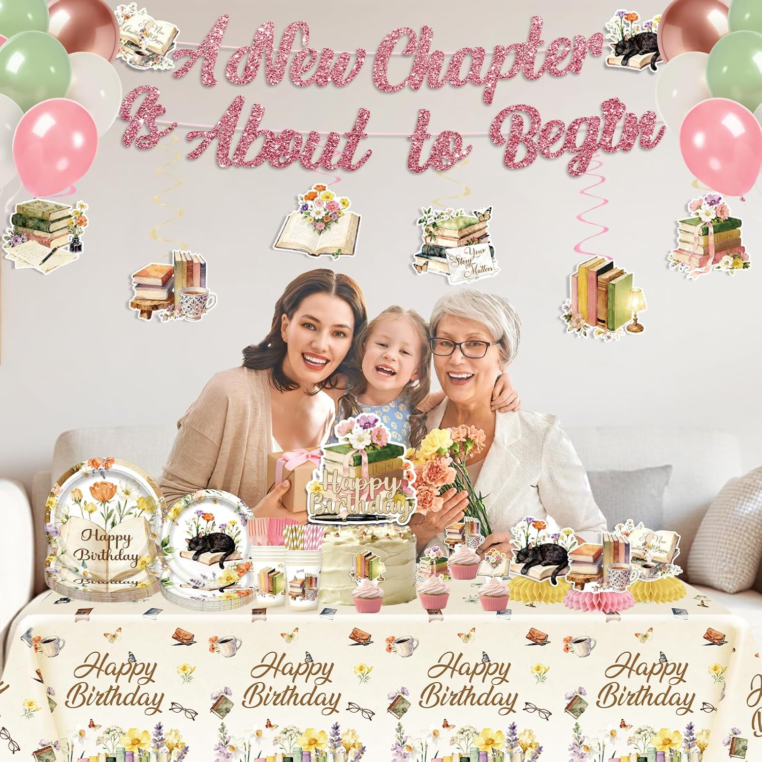 NeoRov 208 Pcs Book Themed Party Decorations Tableware Set - Service 25 Guests - Includes Banner, Cake Topper, Balloons, Plates And Napkins Paper Cup - For Book Themed Party