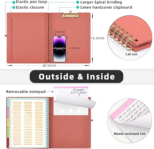 Vista 26 de Ospelelf Portapapeles plegable en espiral con bolsa de almacenamiento con cremallera, 5 carpetas de plástico con 10 bolsillos, bloc de notas forrado
