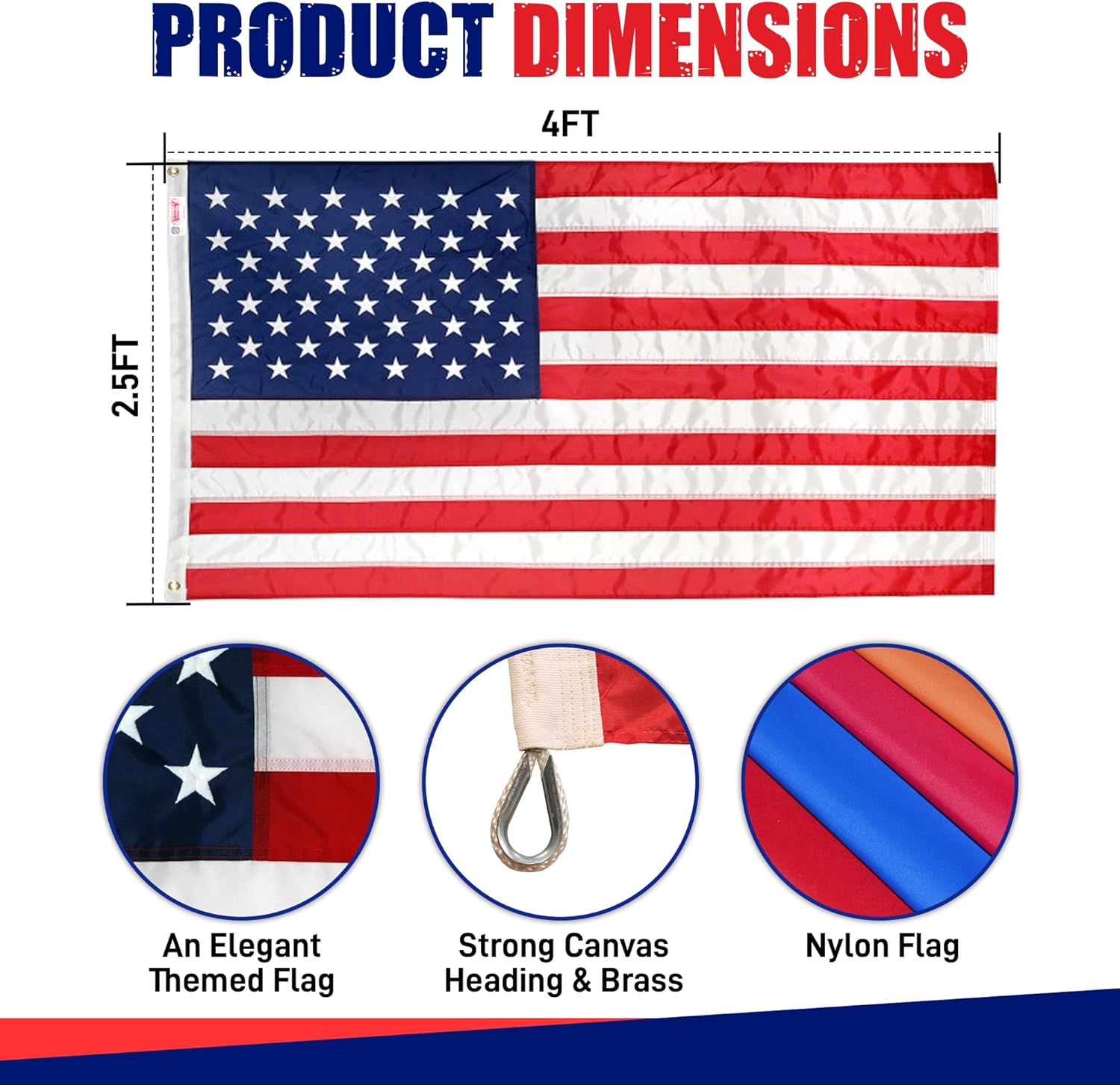 Super Tough 2.5ft x 4ft Nylon American Flag, Made in the USA, Embroidered Stars, Sewn Stripes