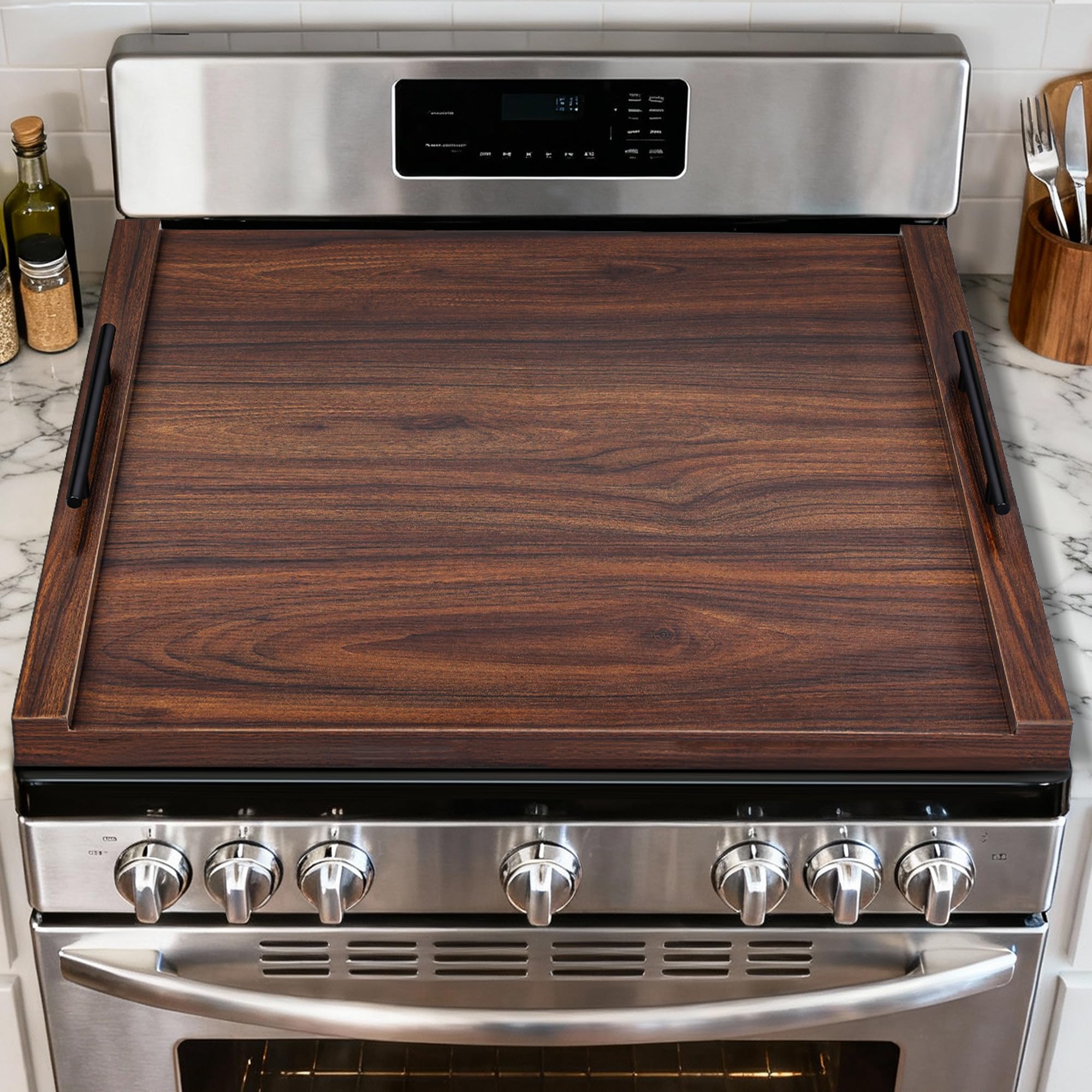 Photo 1 of WAUTENANTY Noodle Board Stove Cover with Handles, Ultra Thick Wood Stove Top Cover Board for Electric/Gas Stove, Counter Space Top Covers Used As Sink Covers & Decorative Tray (Walnut Color)