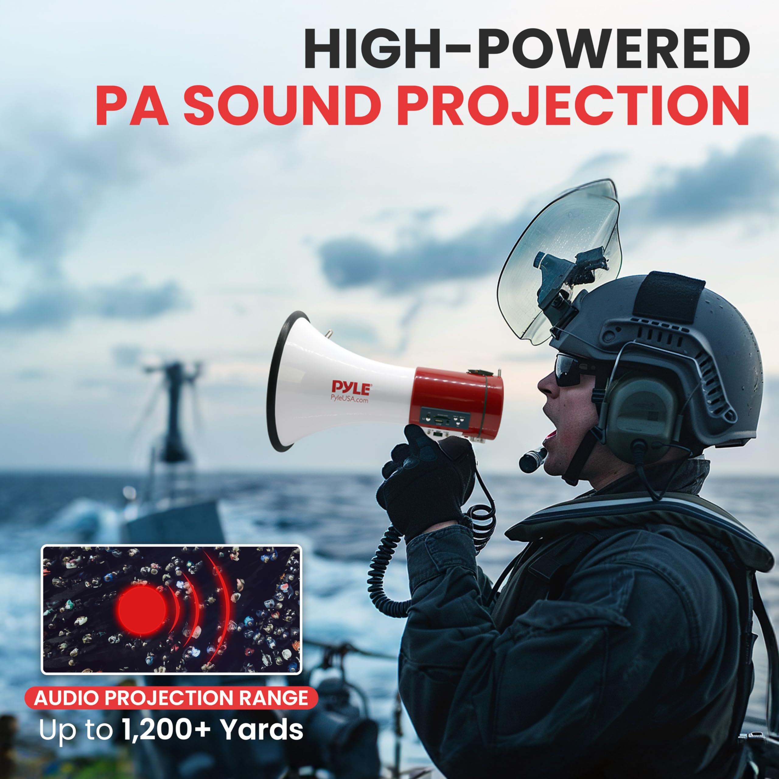 Portable Megaphone Speaker PA Bullhorn - Built-in Siren, 50W Adjustable Volume Control & 1200 Yard Range - Ideal for Any Outdoor Sports, Cheerleading Fans & Coaches or for Safety Drills - Pyle PMP52BT