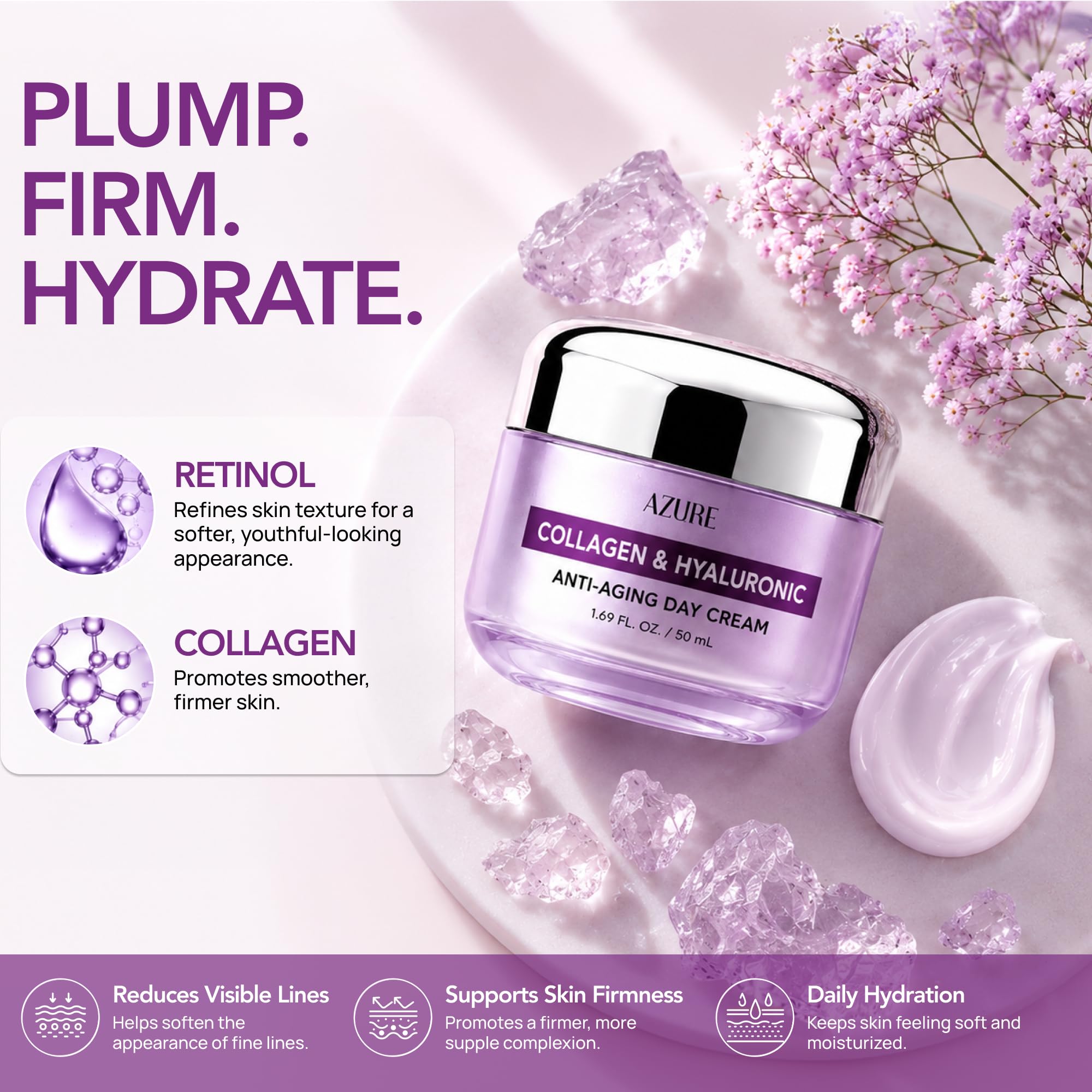 Azure Crema de día antienvejecimiento con colágeno e hidratante hialurónico, refrescante y reafirmante, reduce las arrugas y las líneas finas, bloquea la humedad y revitaliza la piel, fabricada en