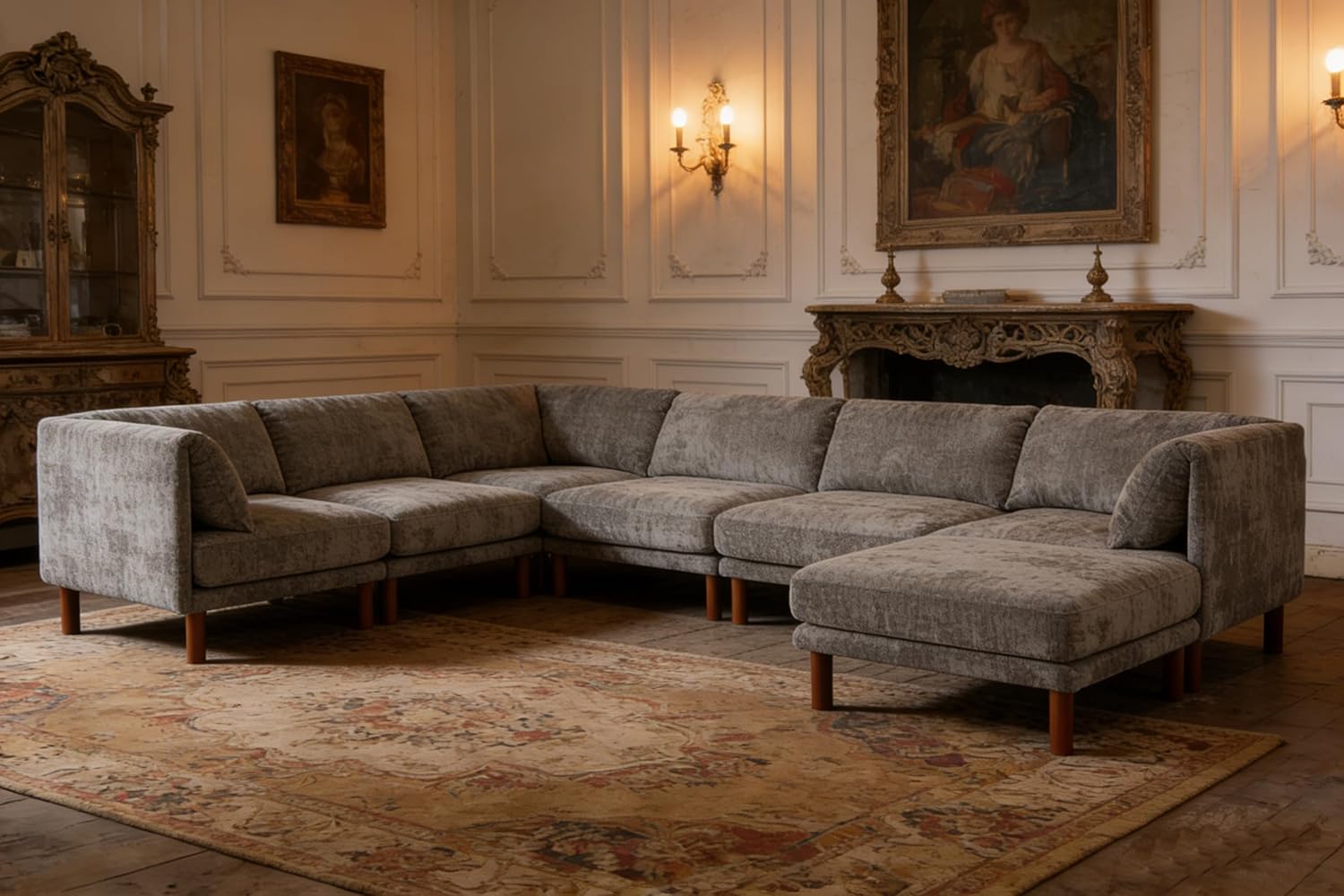 Modular Sectional Sofa, High-Leg Design Solid Wood Frame Mid Century Couch, Deep Seat 6 Seater L Shaped Comfy Couch,Free Combination Sectional Couches for Living Room Gray