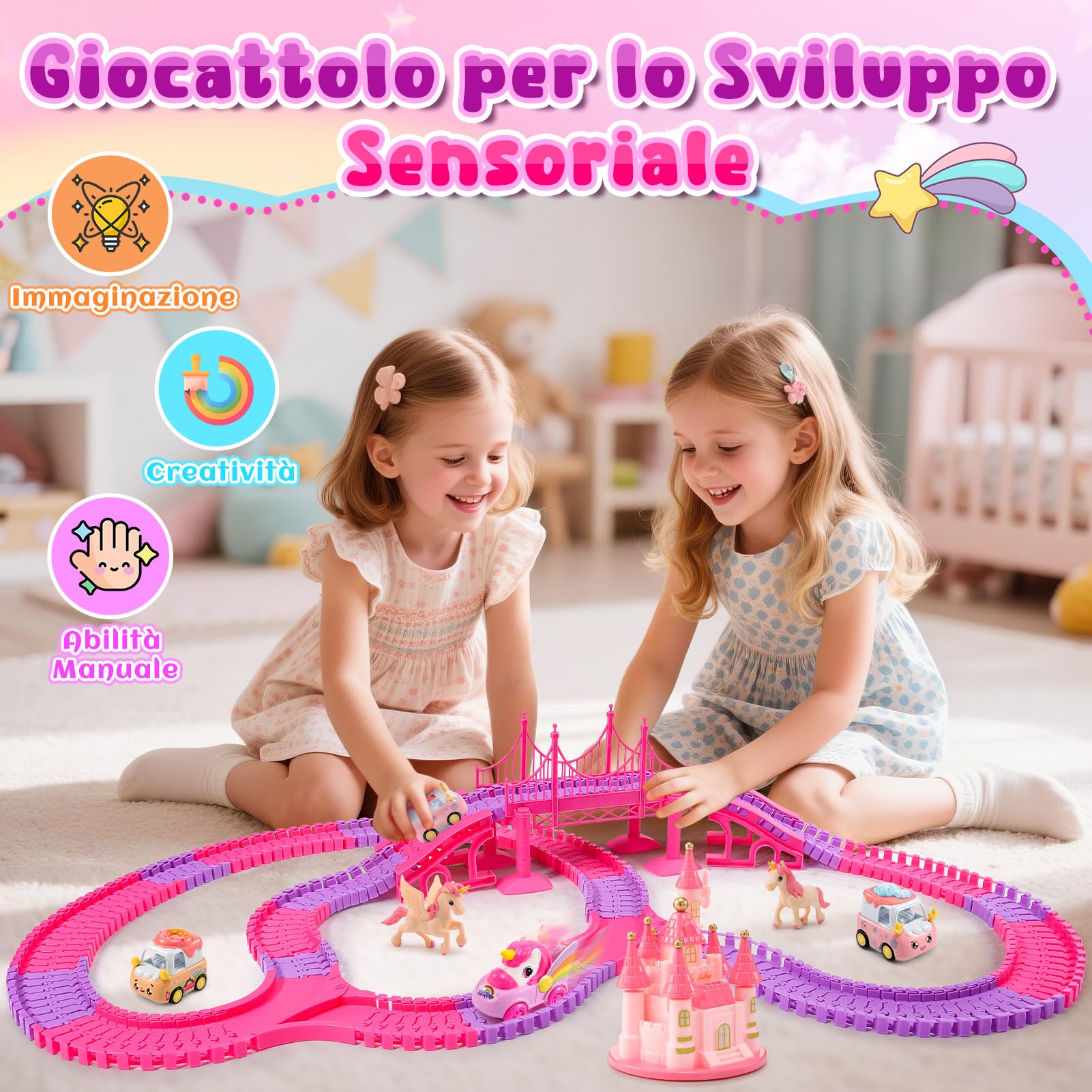 iKidiki Unicorno Bambina Regalo 3 4 5 6 7 8 Anni, Pista Macchinine Giochi Bambina 3-8 Anni Femmina Piste Macchinine per Bambini Giocattoli Bambinas Gioco Bimba Regalo Bambinas Regali Natale