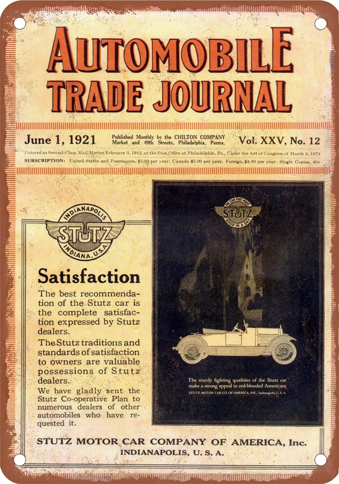 METAL SIGN - 1921 Stutz Vintage Ad 05 - Old Retro Rusty Look home decor