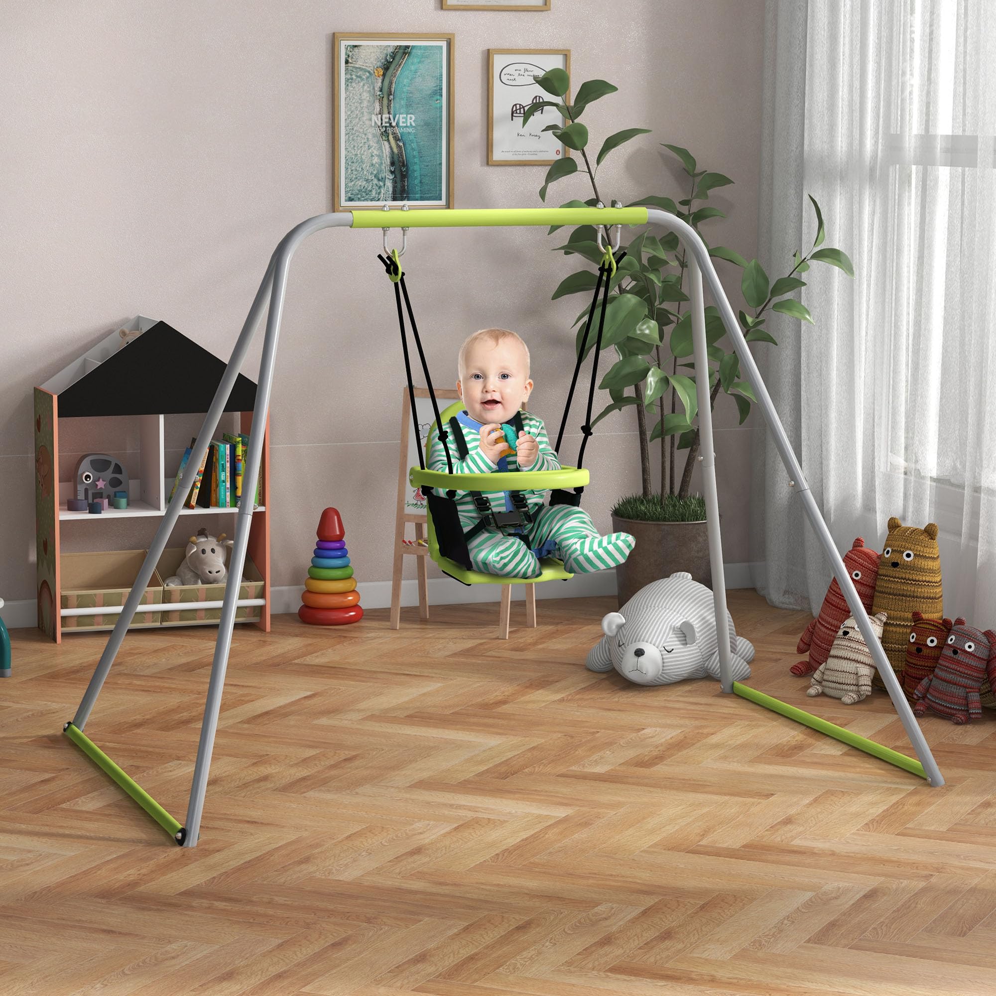 Outsunny Balançoire Portique pour Enfant 2 en 1 IntérieureEextérieure Vert | Ceinture De Sécurité À 5 Points, Facile À Assembler Et À Ranger