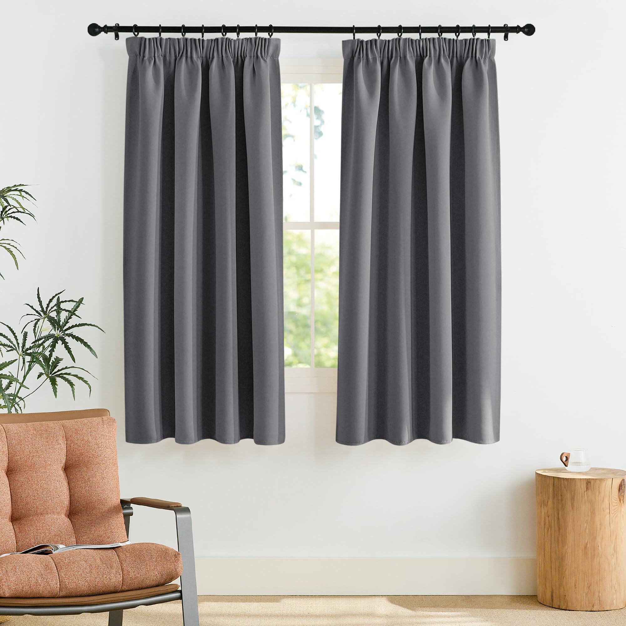 PONY DANCE Cortinas Opacas para Riel, Blackout Curtains Termicas Aislantes Frio y Calor, Cortinas Cortas para Cocina,Comedor 2 Piezas,140x160cm,Gris Global Recycled Standard Global Recycled Standard OEKO-TEX STANDARD 100 Global Recycled Standard