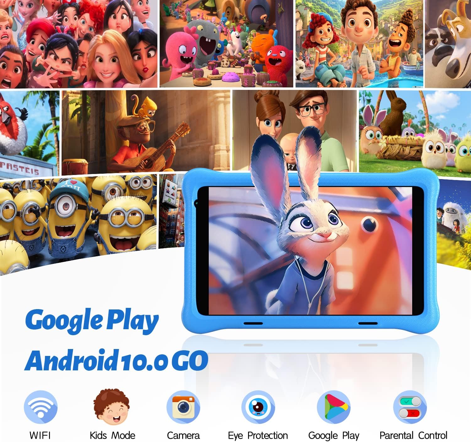 ANYWAY.GO 8 inch Kids Tablet- Android 10.0 Tablet PC, HD Display, Kidoz Pre-Installed, Parental Control, 2GB+32GB, Quad Core Processor, Wi-Fi, Bluetooth, Children Tablet with Kid-Proof Case (Blue)