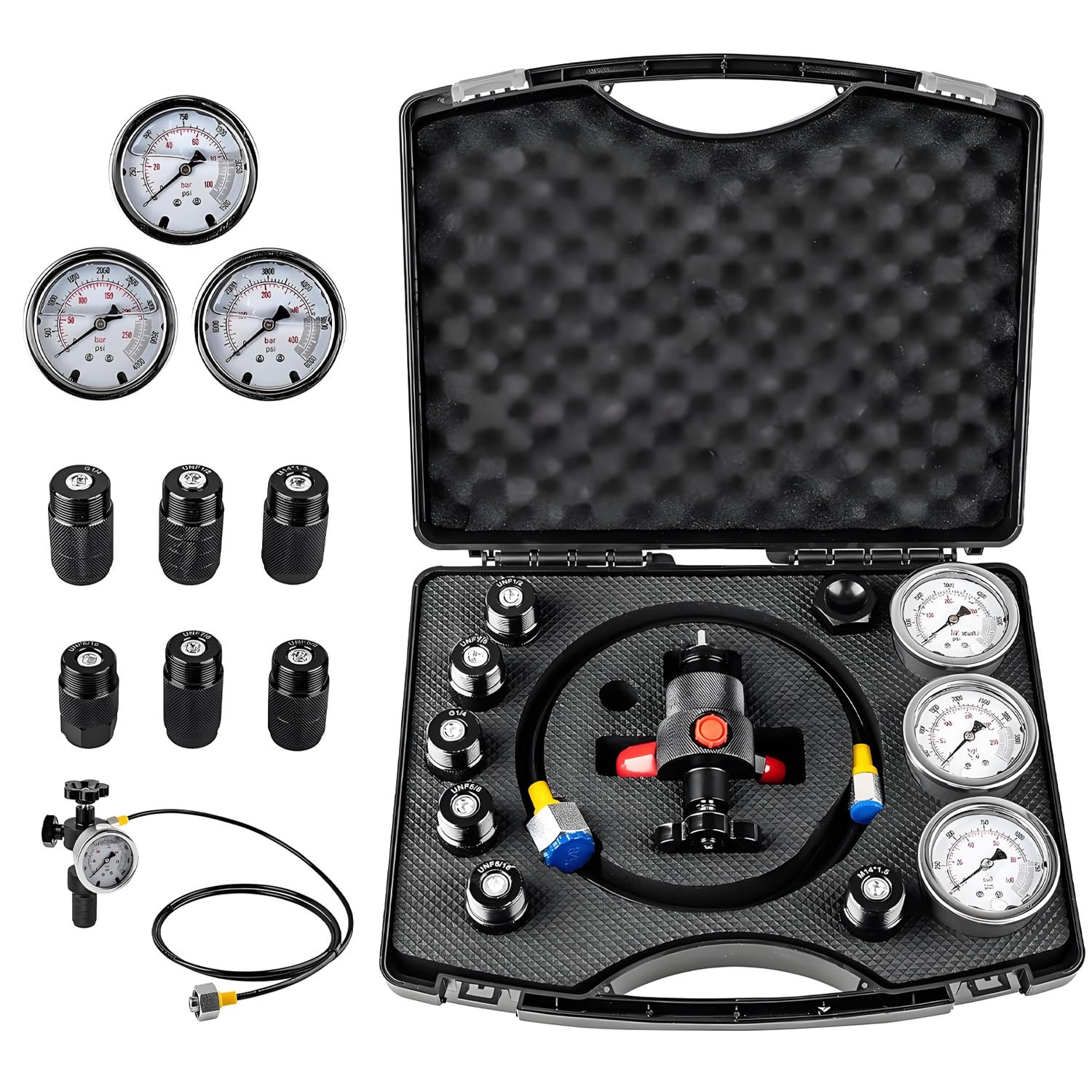 Kit de carga de acumulador de nitrógeno hidráulico, kit de llenado de nitrógeno, herramientas de carga de gas con 3 manómetros, 7 acoplamientos, 1 manguera de gas para sistema de prueba de presión d