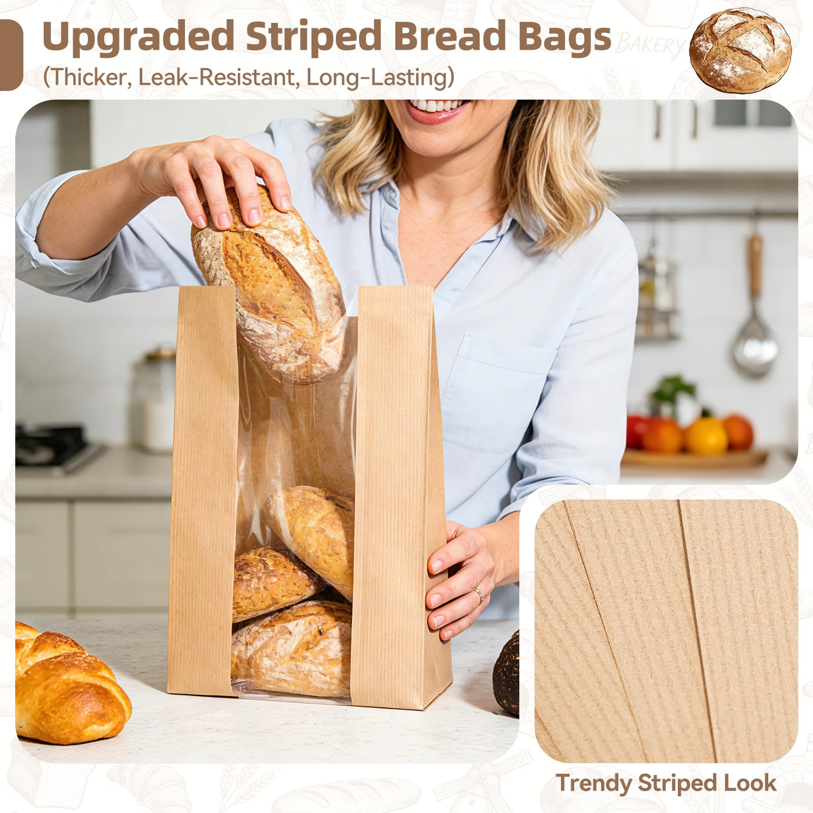 Funcoo Paquete de 100 bolsas de papel kraft para pan, embalaje de alimentos, bolsa de panadería con ventana frontal, etiqueta adhesiva incluida (14 x 8.3 x 3.5 pulgadas)