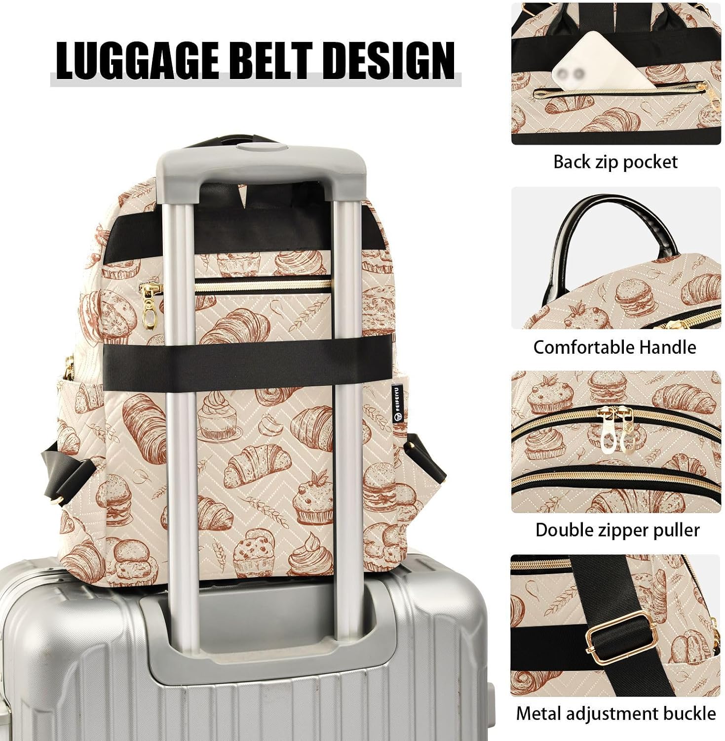 Pastries Bread Cake Retro Pattern Backpack Purse for Women Shoulder Bag Fashion Daypack Ladies Handbag Lightweight Travel Bag Rucksack