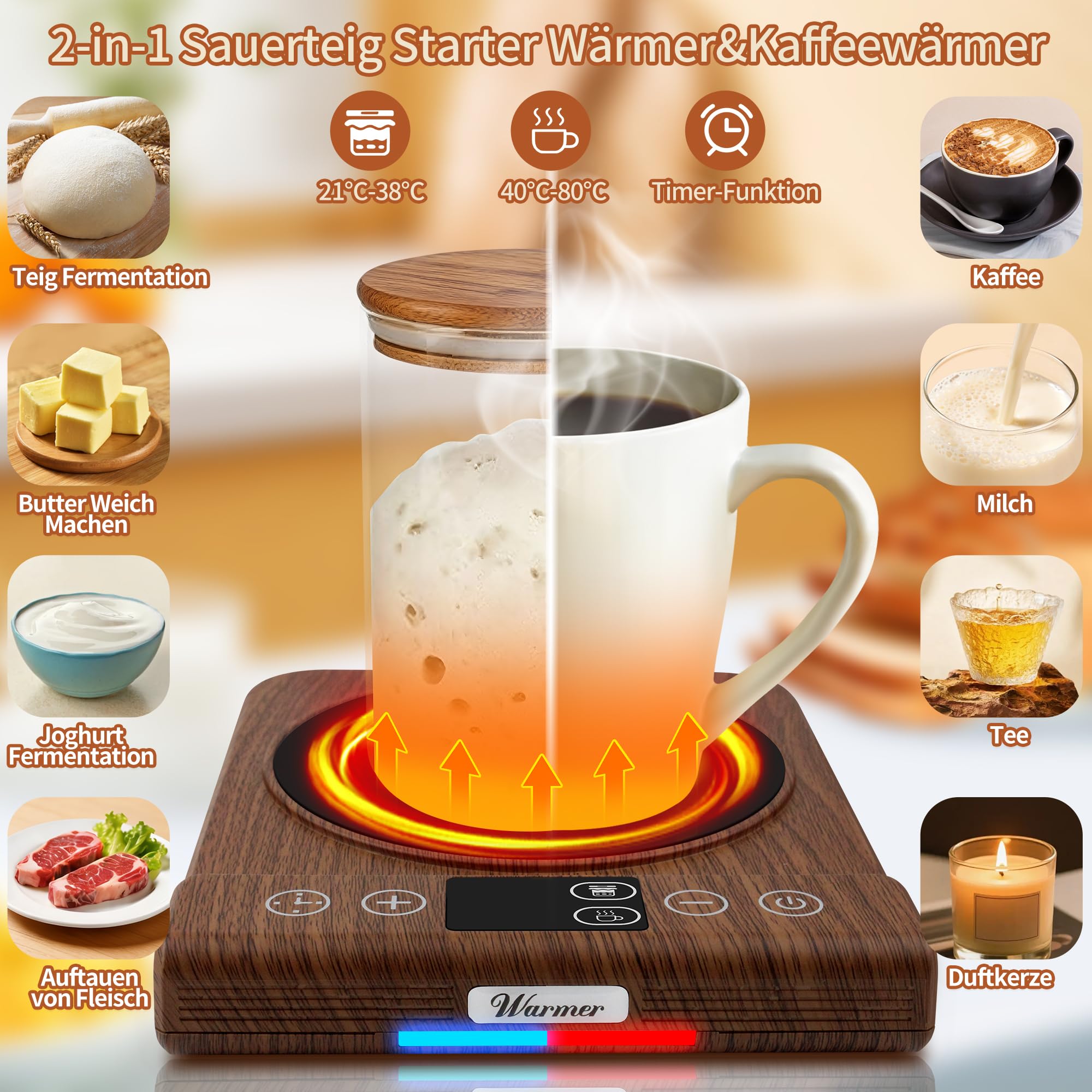 Sauerteig Starter Wärmer Wärmeplatte 2-in-1 Kaffeewärmer Sauerteigstarterwärmer Thermostat Steuerung 24-Stunden-Timer Sourdough Proofing Brotbacken Sauerteig Fermentation