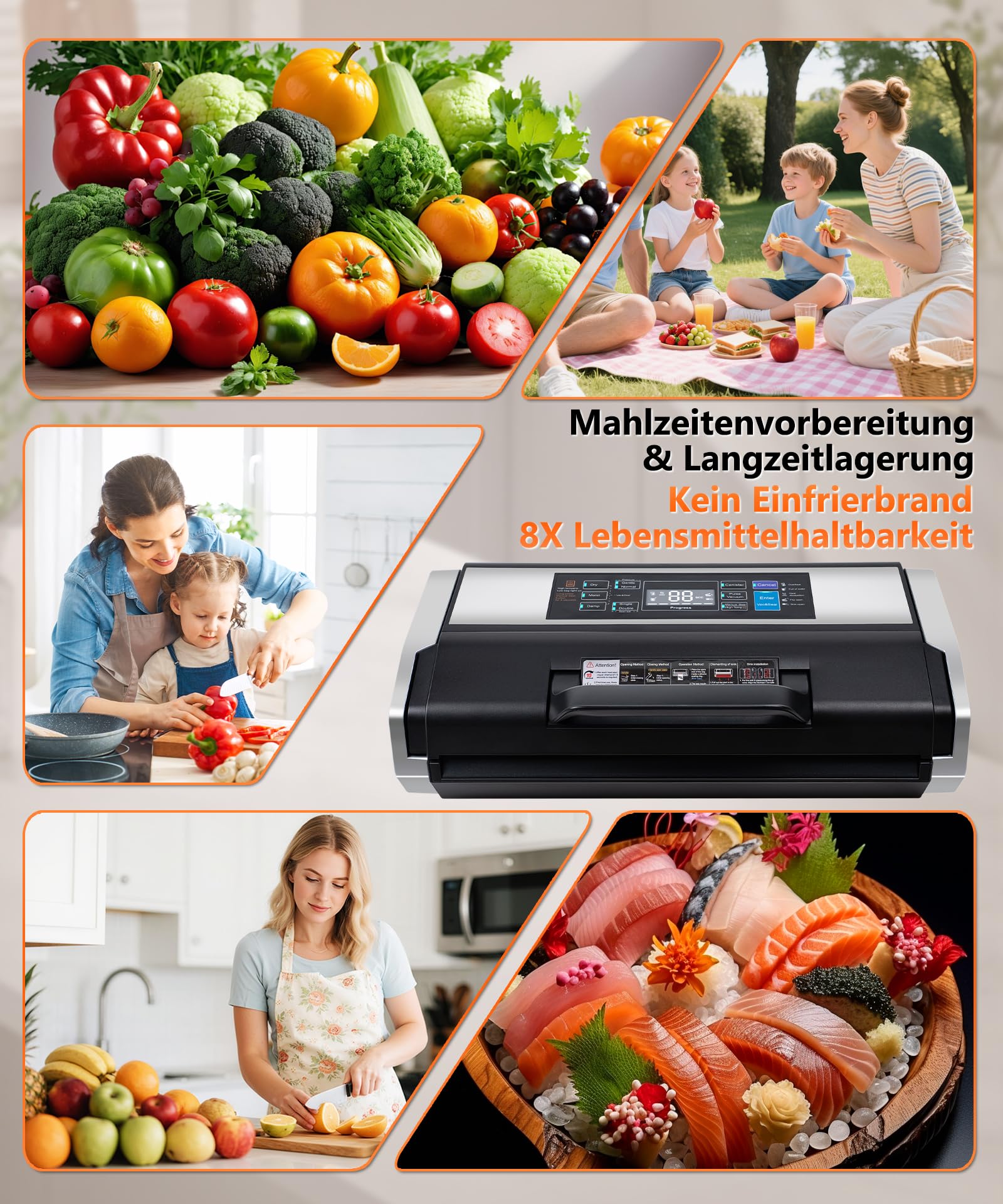 95 kPa Vakuumiergerät Profi, Doppelte Schweißnaht Vakuumierer Für Lebensmittel Starke 10-IN-1 Modus Folienschweißgerät inkl. Schneider,1 Rollbeutel, 15 Vakuumbeutel und Schlauch