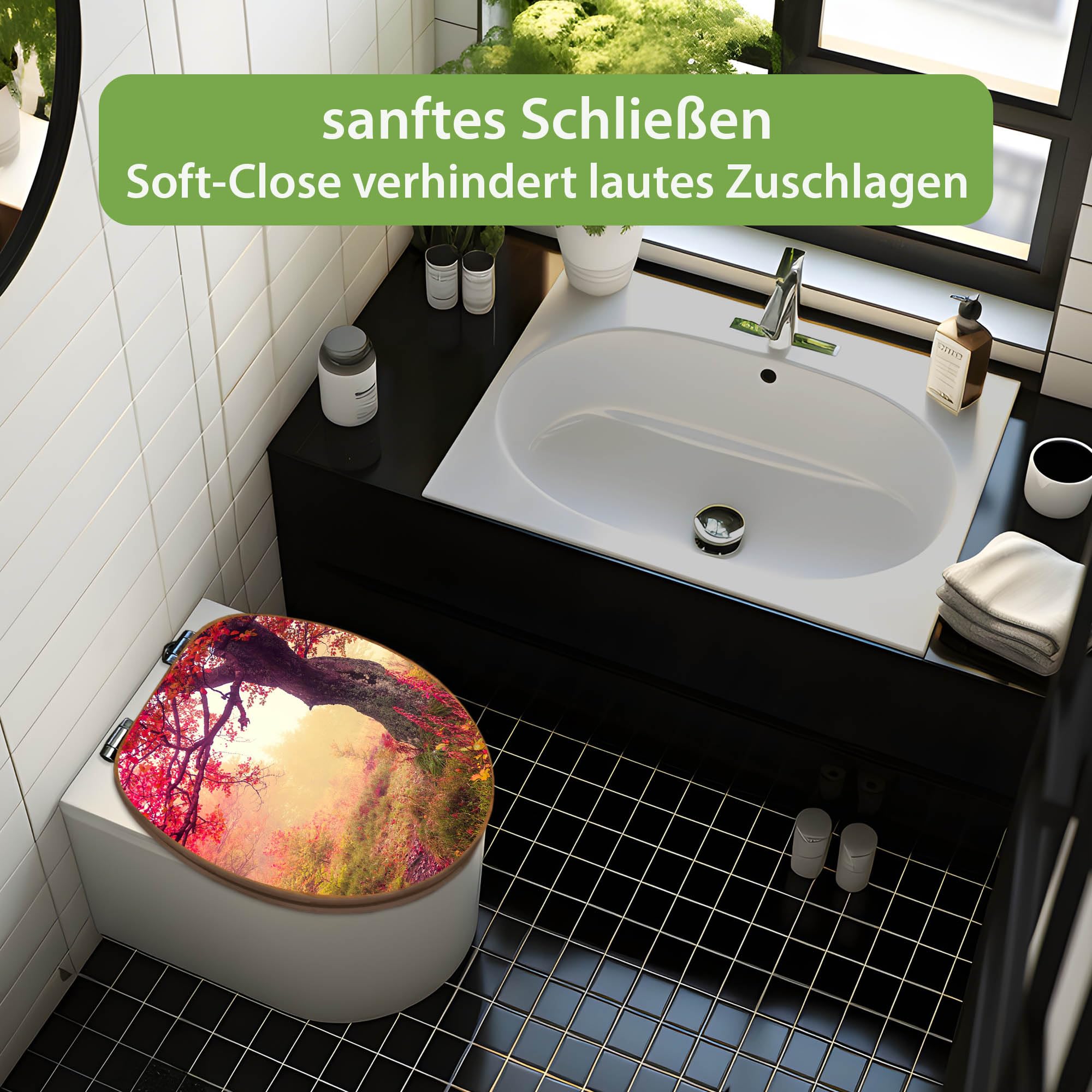 banjado Design WC Sitz Bambus Absenkautomatik 45,8x37,5cm - Toilettendeckel mit Absenkautomatik Holz - hochwertiger Bambus Klodeckel - WC-Sitz für gängigen Toiletten - Motiv Lichtung Im Herbst