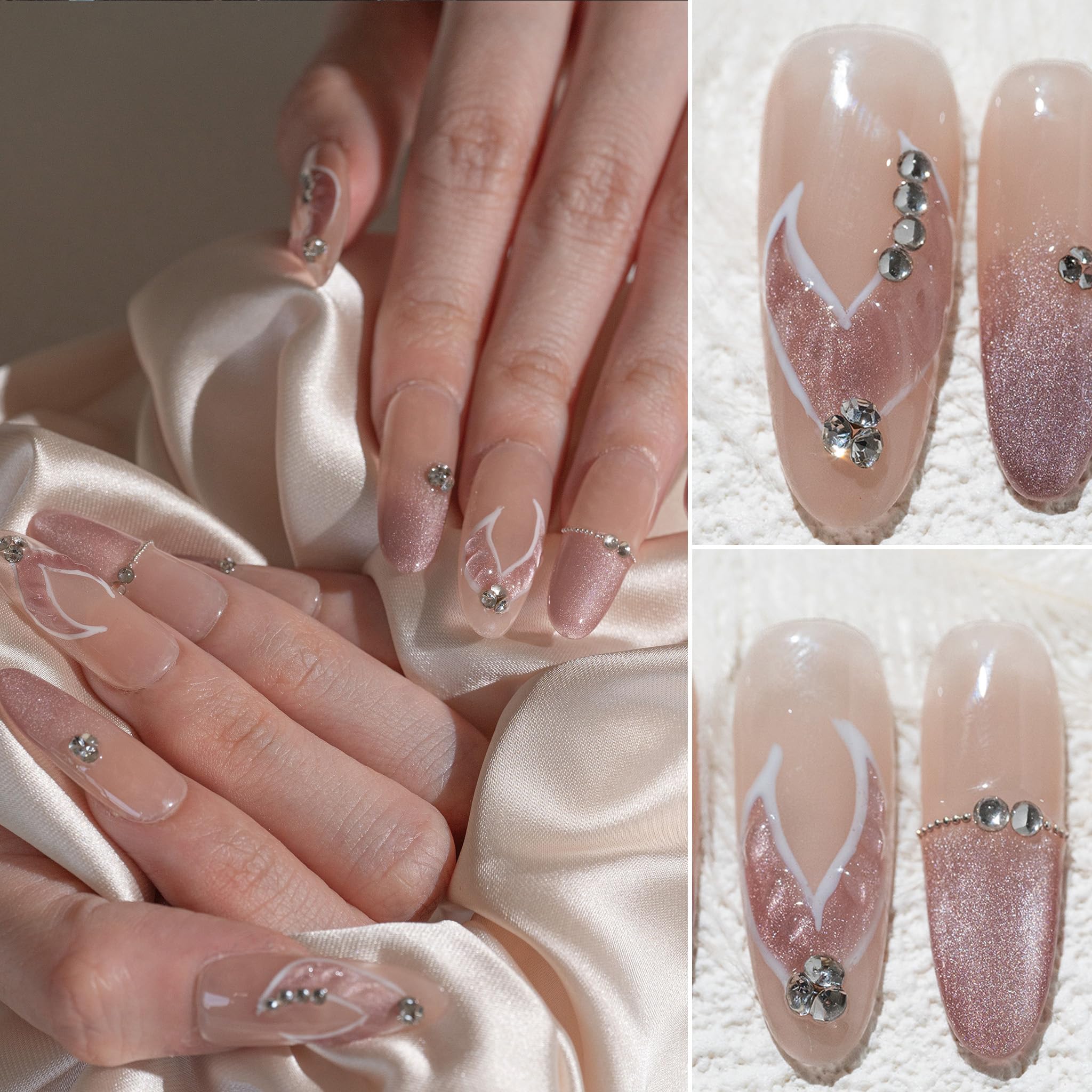 Sun&Beam Nails Handmade Press-on Long Oval Pink Purple Rhinestone Sparkling Hand-Painted Design Fashion False Nail Tips 10 Pcs Set (#231 M) - Image 2
