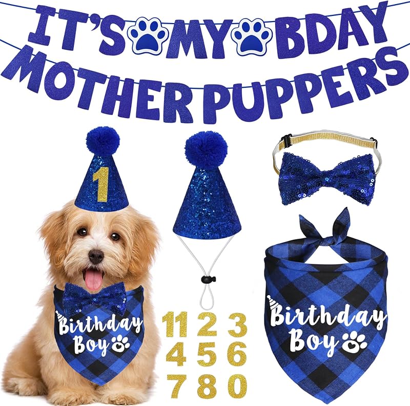 Kit Festa de Aniversário para Cães JOTFA com Bandana, Chapéu, Gravata-Borboleta e Faixa Azul (Small)