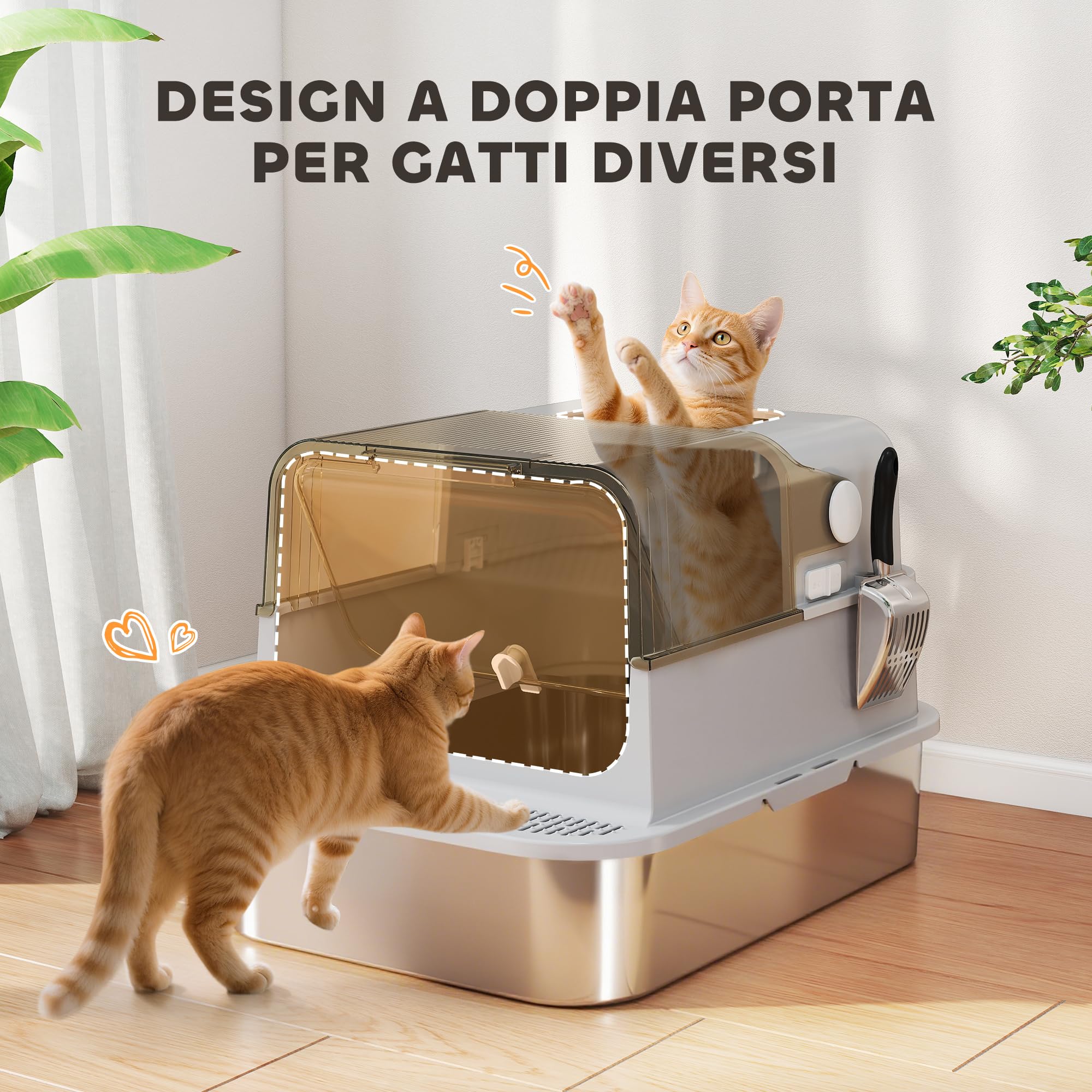 PawHut Lettiera per Gatti XXL con Coperchio in Acciaio Inox, Lettiera Chiusa con Coperchio Apribile a 90°, Doppie Porte, Paletta e Deodorante, Capacità 20 kg, 70x50x46.5 cm, Grigio