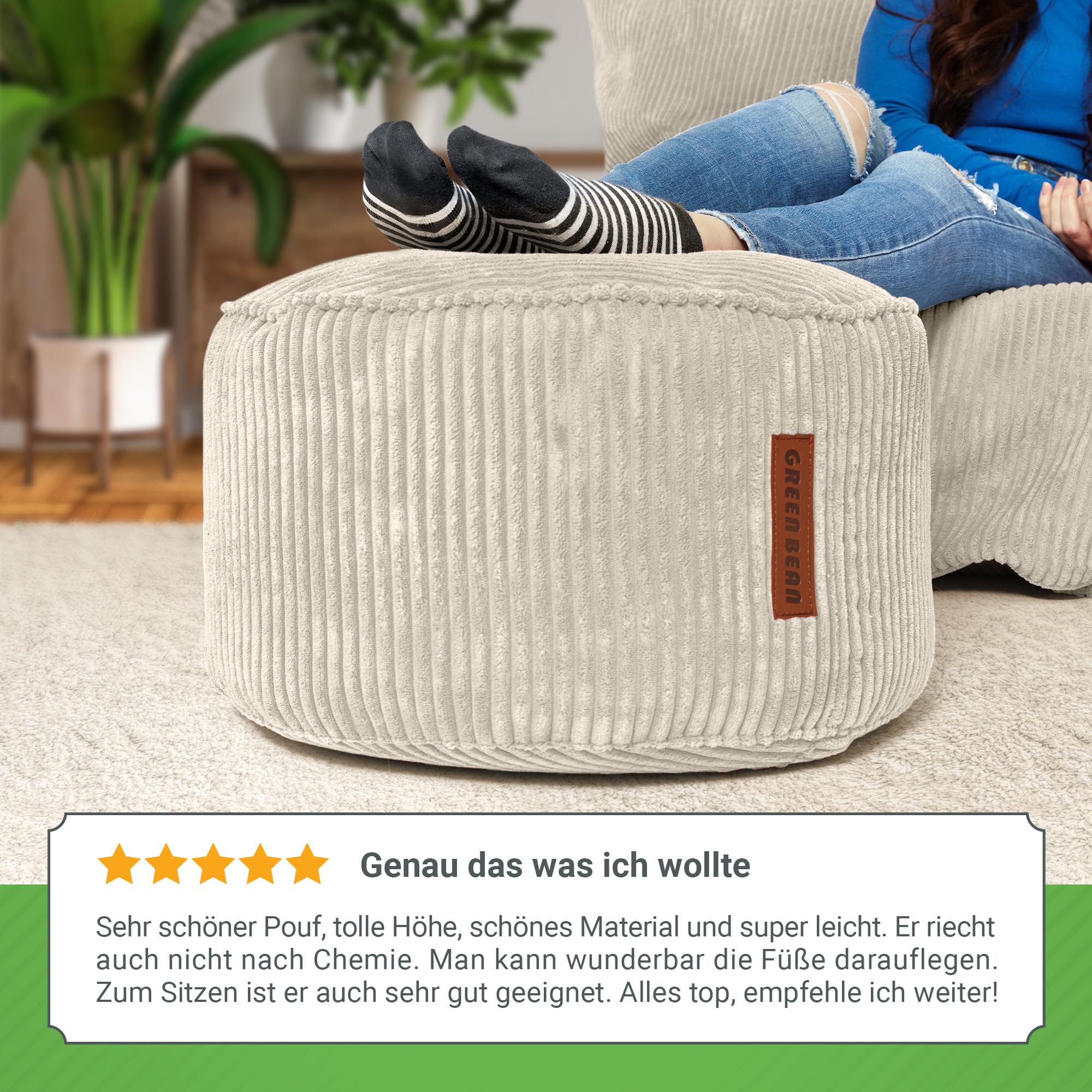 Green Bean Indoor Cord Sitzhocker Pouf Stay 45x25cm mit EPS-Perlen Füllung - kuschelig weich waschbar - die ideale Ergänzung zum Sitzsack für Kinder & Erwachsene - Beige