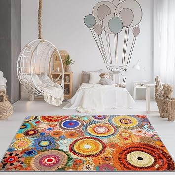 Bohemian Abstract Circle Floral Washable Living Room Rug 170x260cm(5.6×8.5ft) Colorful Beaded Pattern Patchwork Printed Non-Slip Carpet for Bedroom Dining Room Kitchen Entryway Hallway