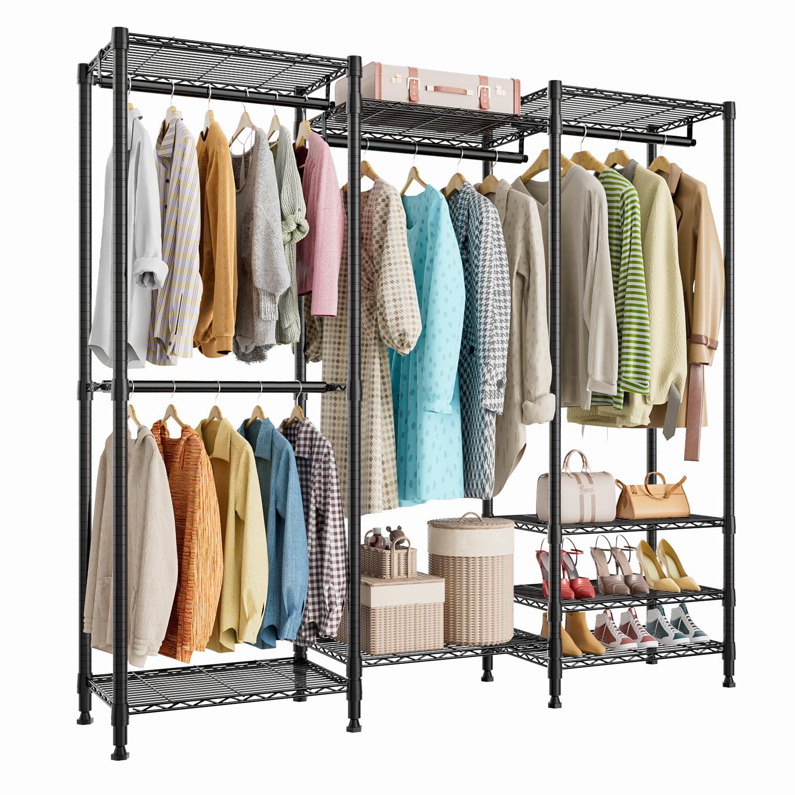 Heavy Duty Clothes Rail,Hanging Rails for Clothes,Clothing Rails,Portable Wardrobe Rail Metal Closet Rack with Shoe Rack, Storage Shelves Freestanding Clothes Rails for Bedroom Open Wardrobe