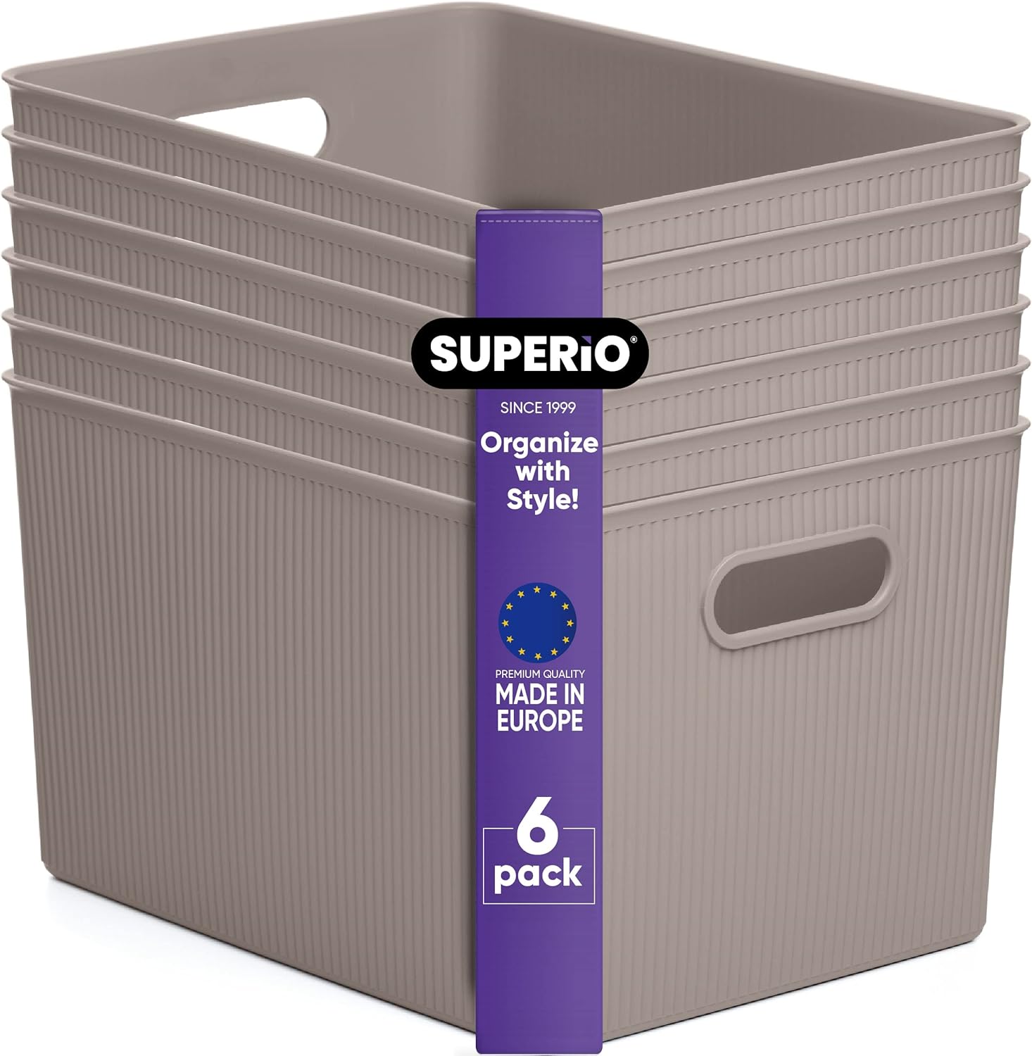 Superio Ribbed Collection - Decorative Plastic Open Home Storage Bins Organizer Baskets, X-Large Taupe (6 Pack) Container Boxes for Organizing Closet Shelves Drawer Shelf 22 Liter/23 Quart Bin - Extra Large (22 Liter) 6 Pack