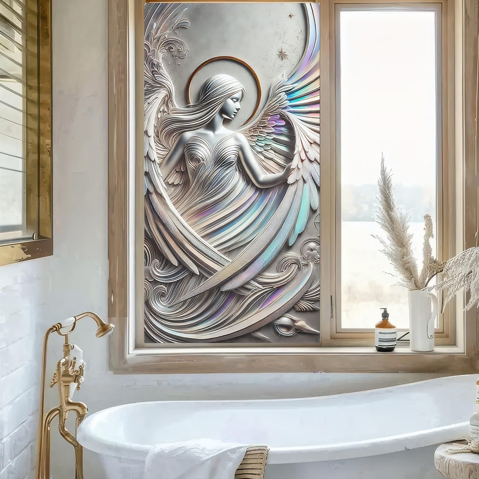Angel Girls Stained Glass Window Film Window Privacy Film Stained Decals Static Cling Sun Blocking Decor for Home Office Windows Doors Glass Partitions 17.7x39.3 inch
