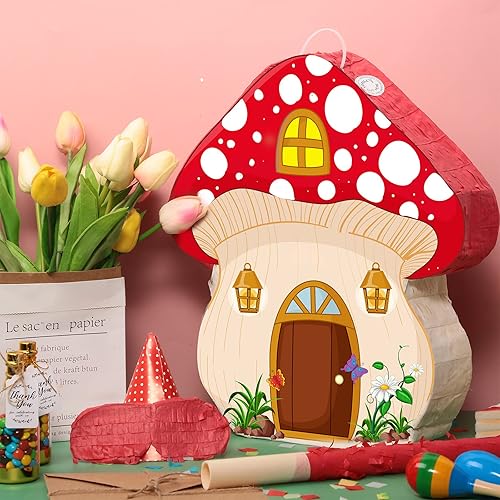 Miniatura 4 de Piñata de hongo con palo y venda, piñata de hada 3D en forma de hongo para niños, fiesta de cumpleaños, decoración colgante de hongos, piñata para