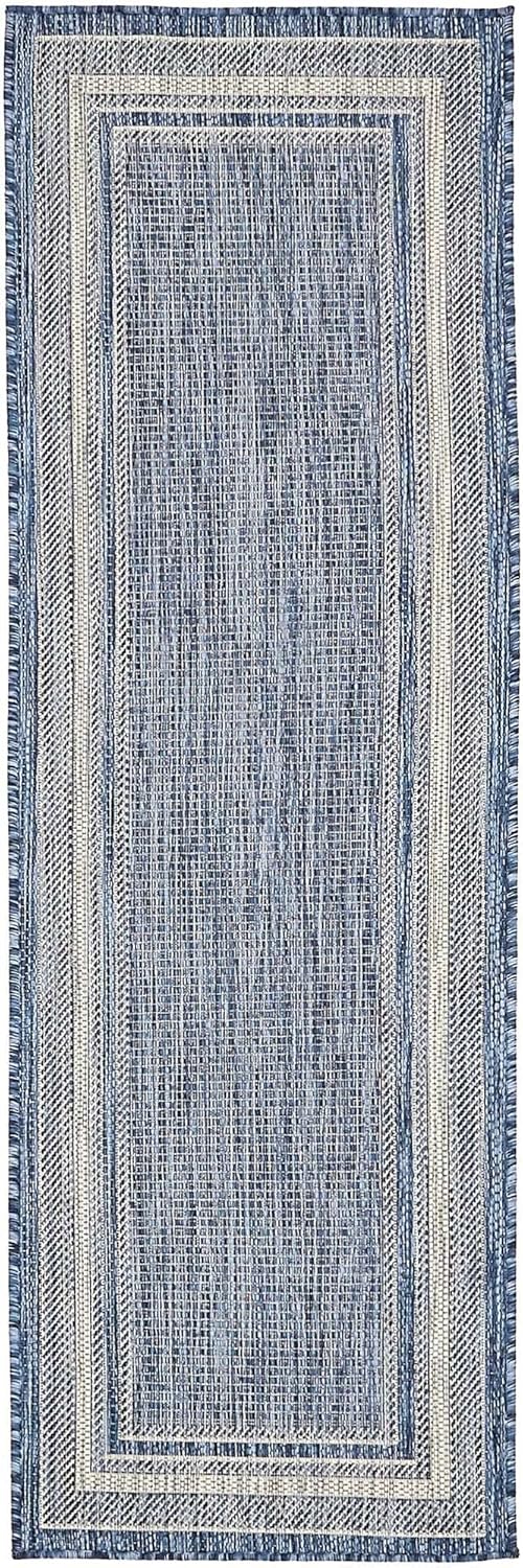 Rugs.com Outdoor Border Collection Rug – 2' x 6' Runner Blue Flatweave Rug Perfect for Hallways, Entryways