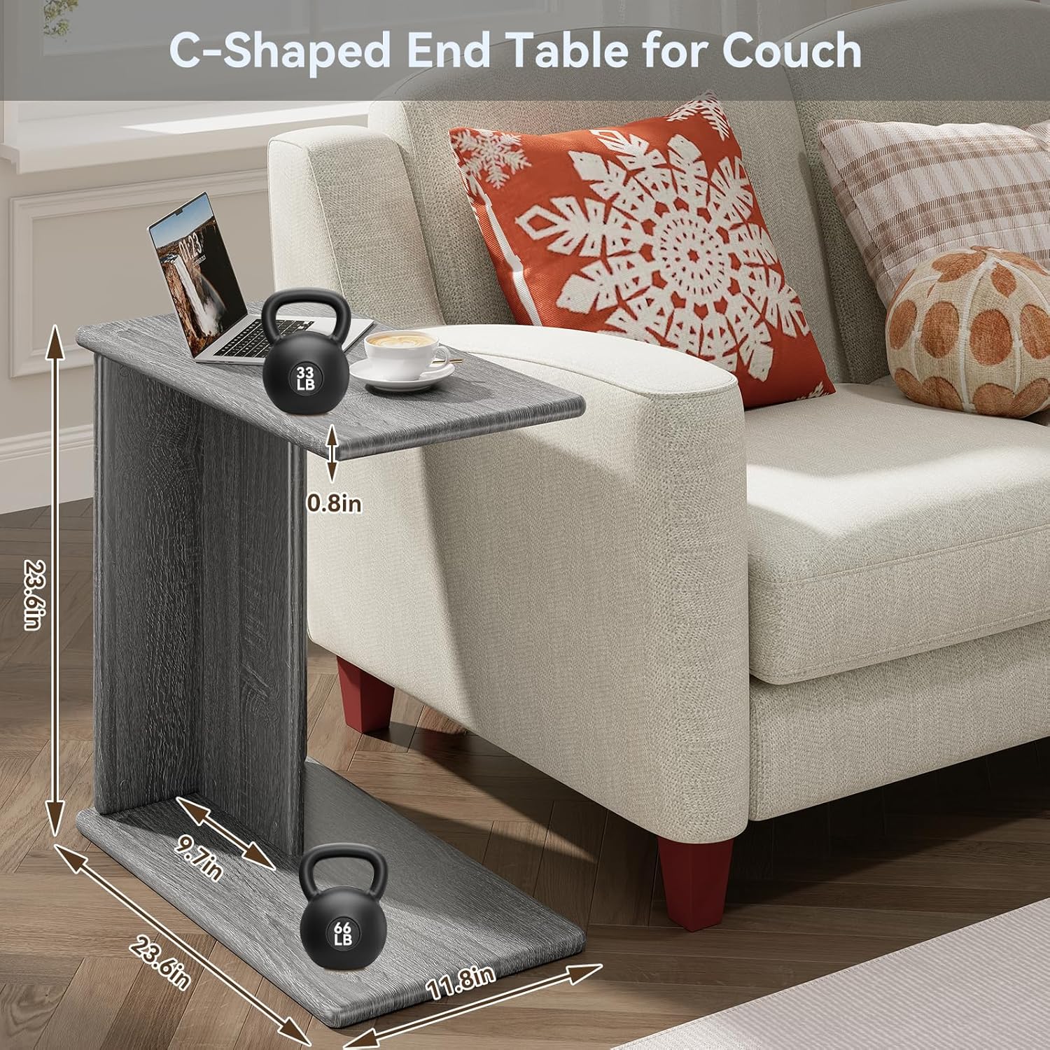 C-Shaped End Table for Couch, Small Side Table, Bedside Table for Sofa, Wooden Nightstand for Living Room Bedroom Laptop Work Desk, Easy Assembly, 23.6" D*11.8" W*23.6" H