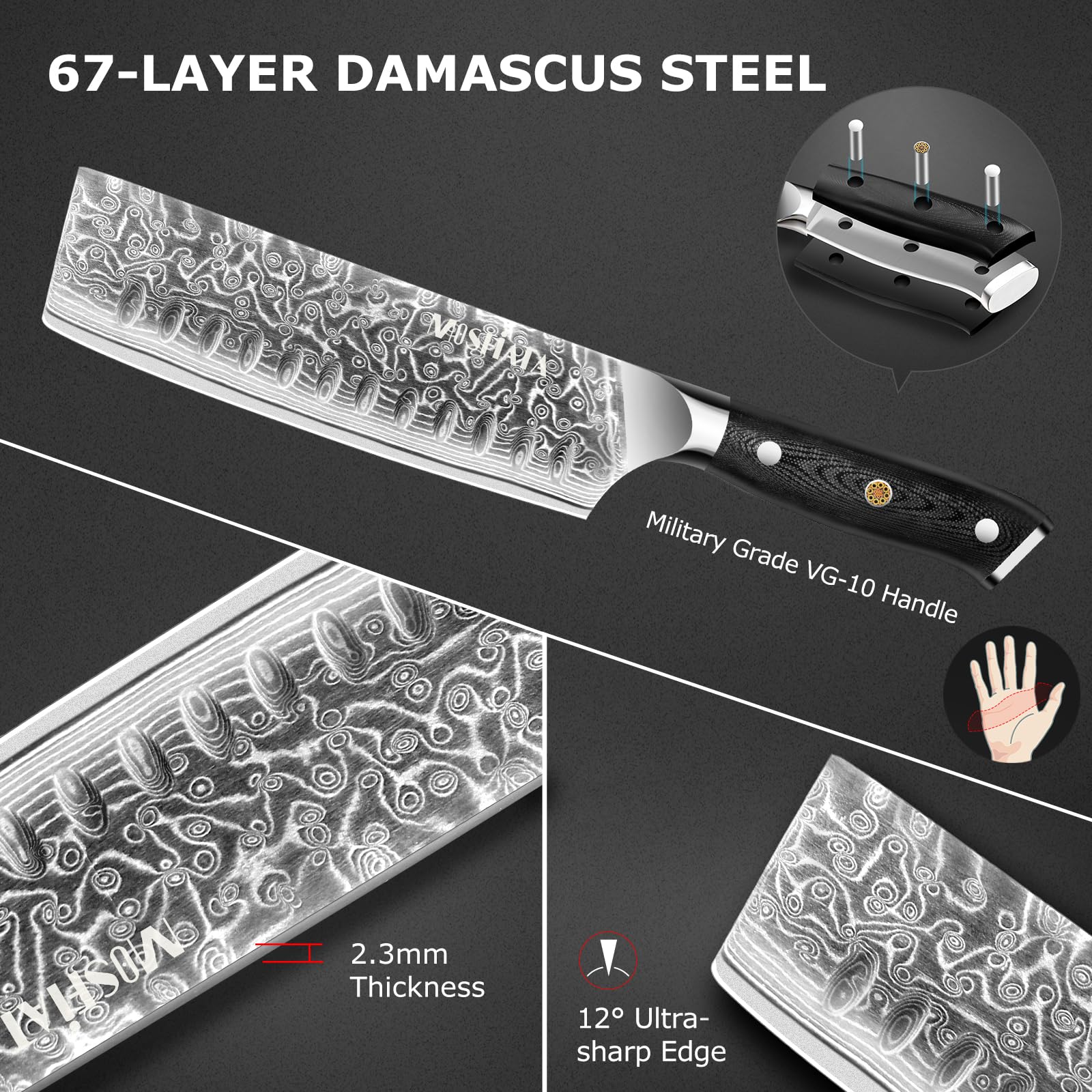 MOSFiATA Couteau Damassé Nakiri - 17,8 cm - Couteau de Chef - Acier Damassé - Tranchant comme un Rasoir - Protège-Doigts - Idéal pour la Cuisine