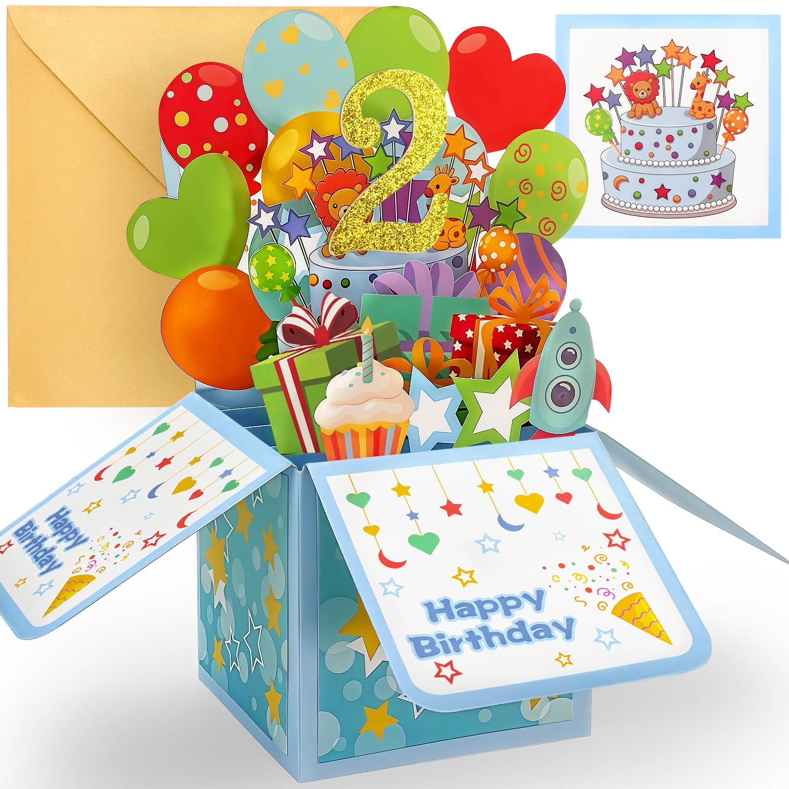 YianHien 2nd Birthday Card, 3D Pop Up Birthday Card for 2 Year Old Boy Grandson Nephew Son, 2nd Birthday Decorations Gifts for Boy