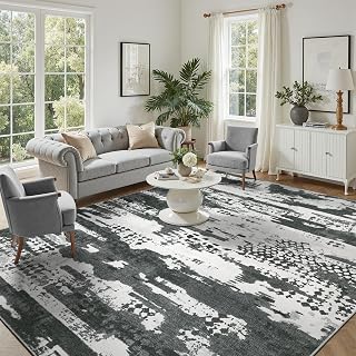 DCX Washable Abstract Area Rug 5x7, Non Slip Low Pile Rug, Black | Easy to clean, non-shedding, soft, kid & pet friendly, with a non-slip rubber backing for living rooms, bedrooms, and offices