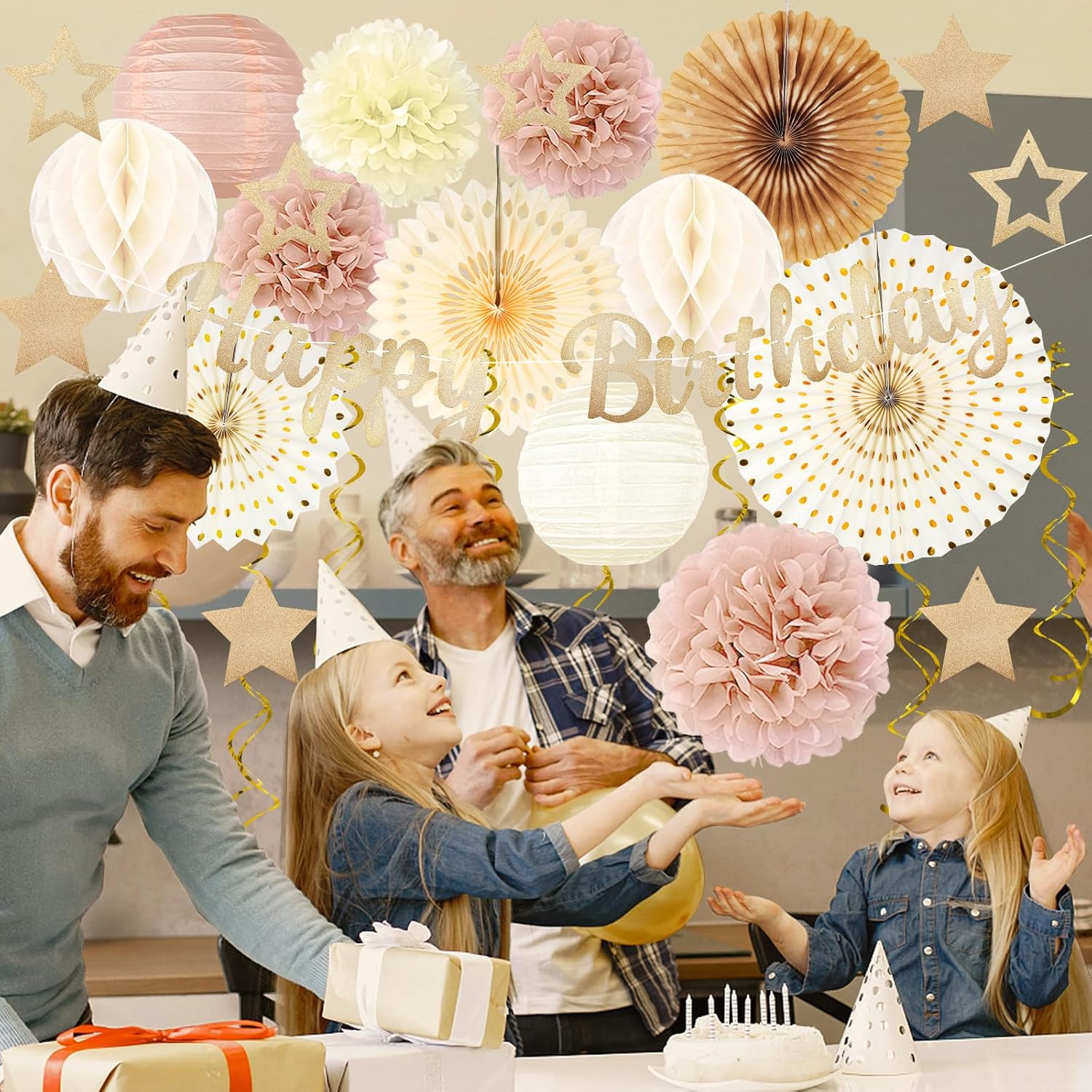 Champagne-Gold Fall Boho Birthday Party-Decorations - 29pcs Beige Cream Autumn Retro Party Decorations for Women Girls, Happy Birthday Banner Paper Streamers Lanterns Tissue Pom Poms - ZERODECO - Image 4