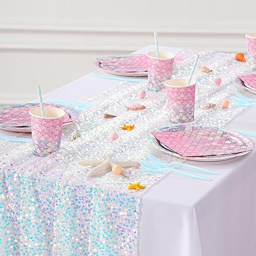 Camino de mesa de lentejuelas blancas de 25 x 120 pulgadas, camino de mesa de boda iridiscente de sirena de 10 pies para decoración de mesa de