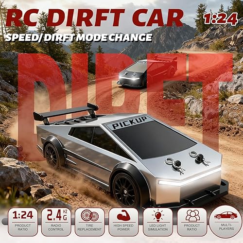 Miniatura 2 de LAZZAROU Coche de deriva a control remoto, juguete Cybertruck a escala 124, autos de control remoto de alta velocidad 4WD con luces LED y neumáticos
