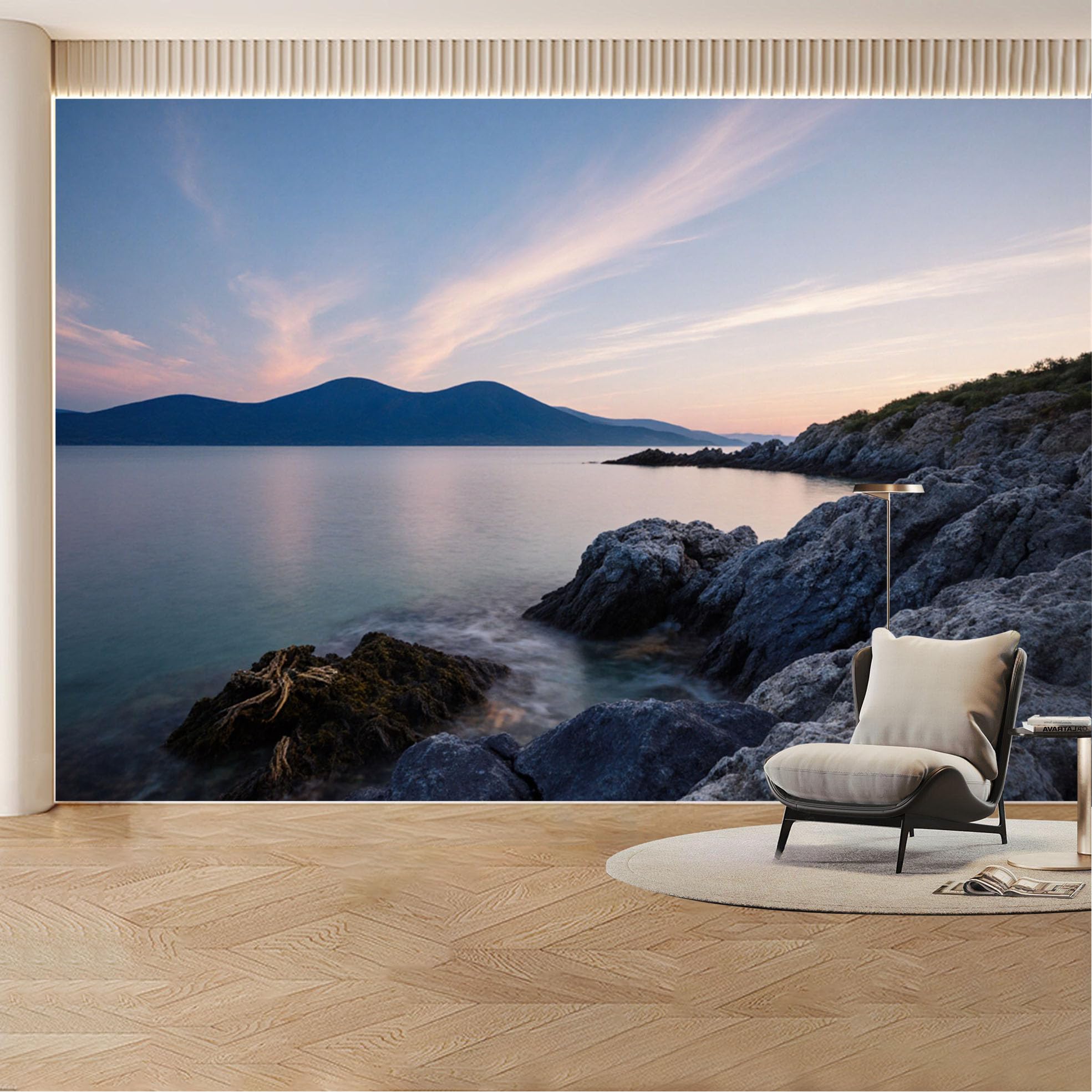 Custom Wall Mural Wallpaper Mountain Ocean Landscape 3D Effect Wall Decor Large Wall Art Sunset Misty Removable SelfAdhesive Large Photo for Living Room， Bedroom， Office