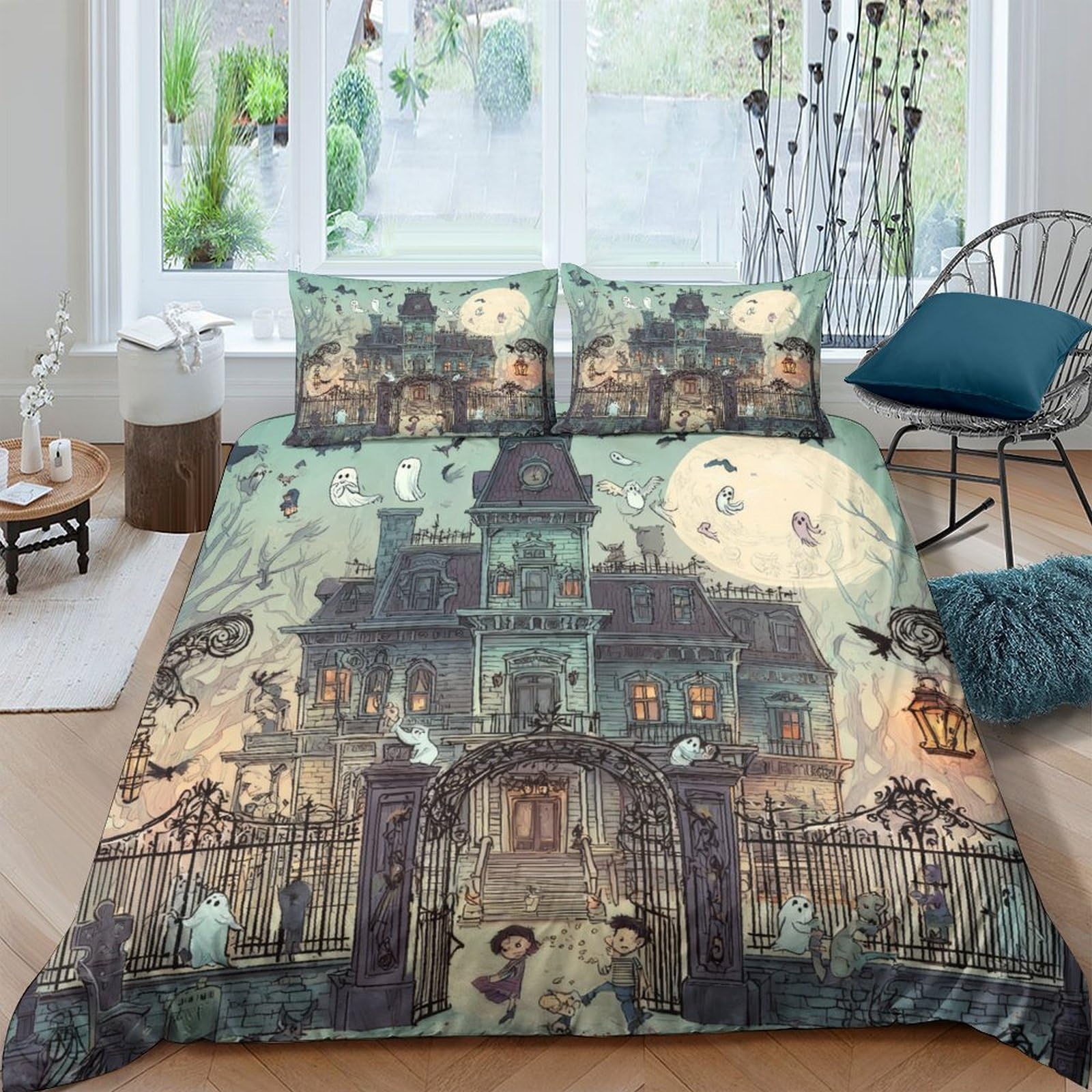 Ctjqhvkz Style-7 3D Printed Haunted Castle Fitted Sheet Microfiber Soft Gothic Moon Mattress Cover For Bedroom Dorm Decorative Use Single（135X200cm）